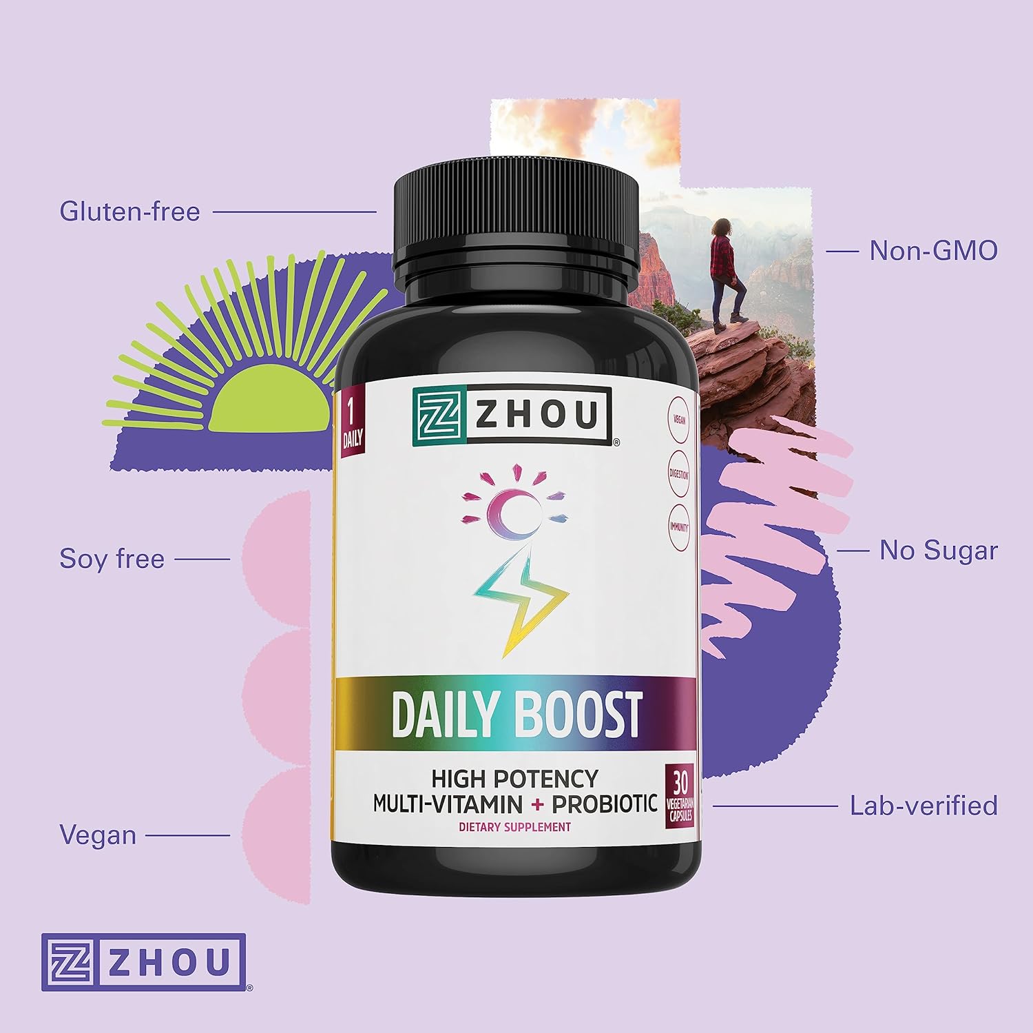 Zhou Nutrition Daily Boost Multivitamin with Probiotic, Zinc, Vitamin C, D3, B Complex - Immune Support & Energy - Vegan, Gluten Free - 30 Servings