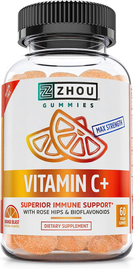 Zhou Nutrition Max Strength Vitamin C+ Immune Support Gummies with Rose Hips & Bioflavonoids - 60 Count, Non-GMO, Vegan & Gluten Free