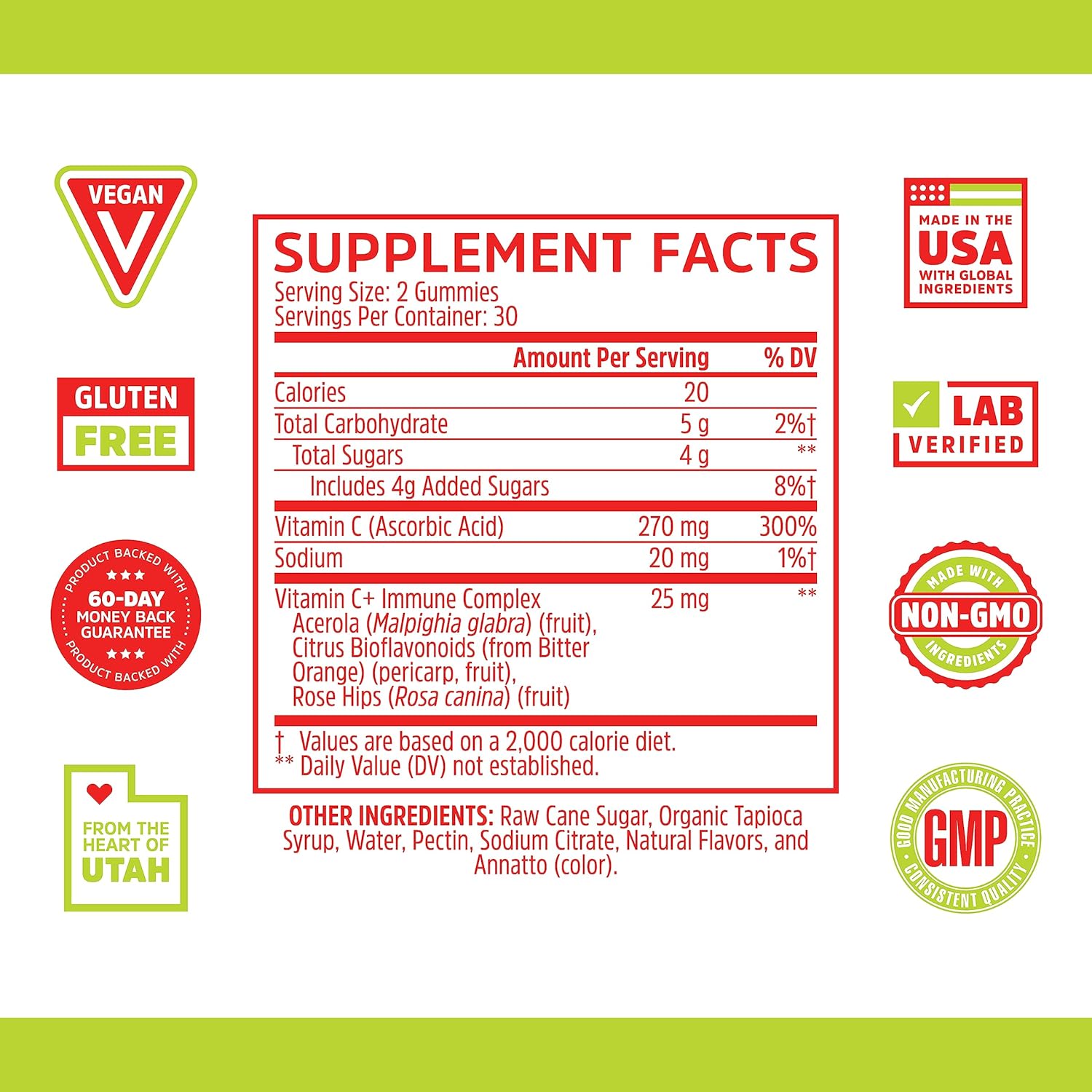 Zhou Nutrition Max Strength Vitamin C+ Immune Support Gummies with Rose Hips & Bioflavonoids - 60 Count, Non-GMO, Vegan & Gluten Free
