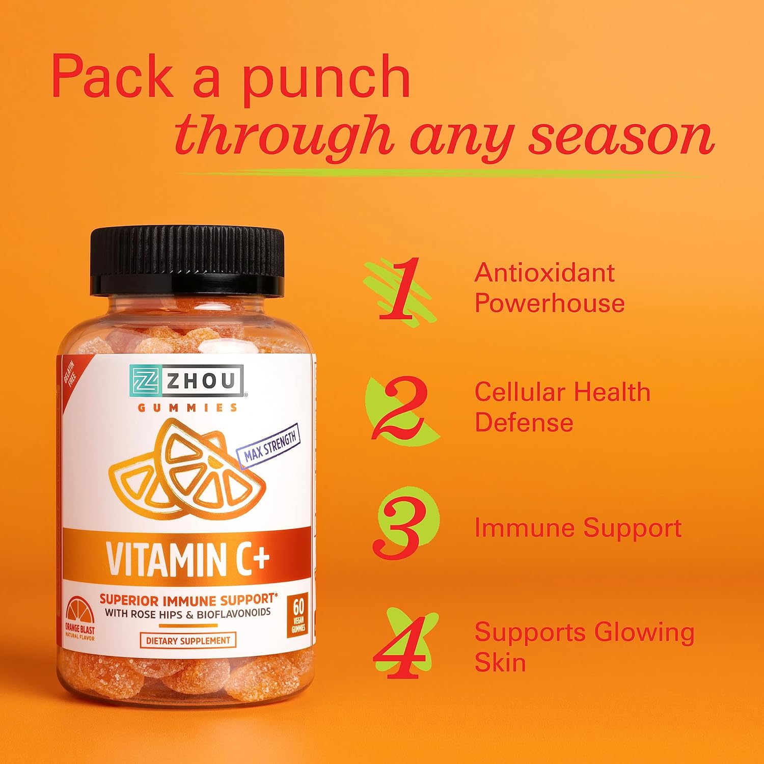 Zhou Nutrition Max Strength Vitamin C+ Immune Support Gummies with Rose Hips & Bioflavonoids - 60 Count, Non-GMO, Vegan & Gluten Free