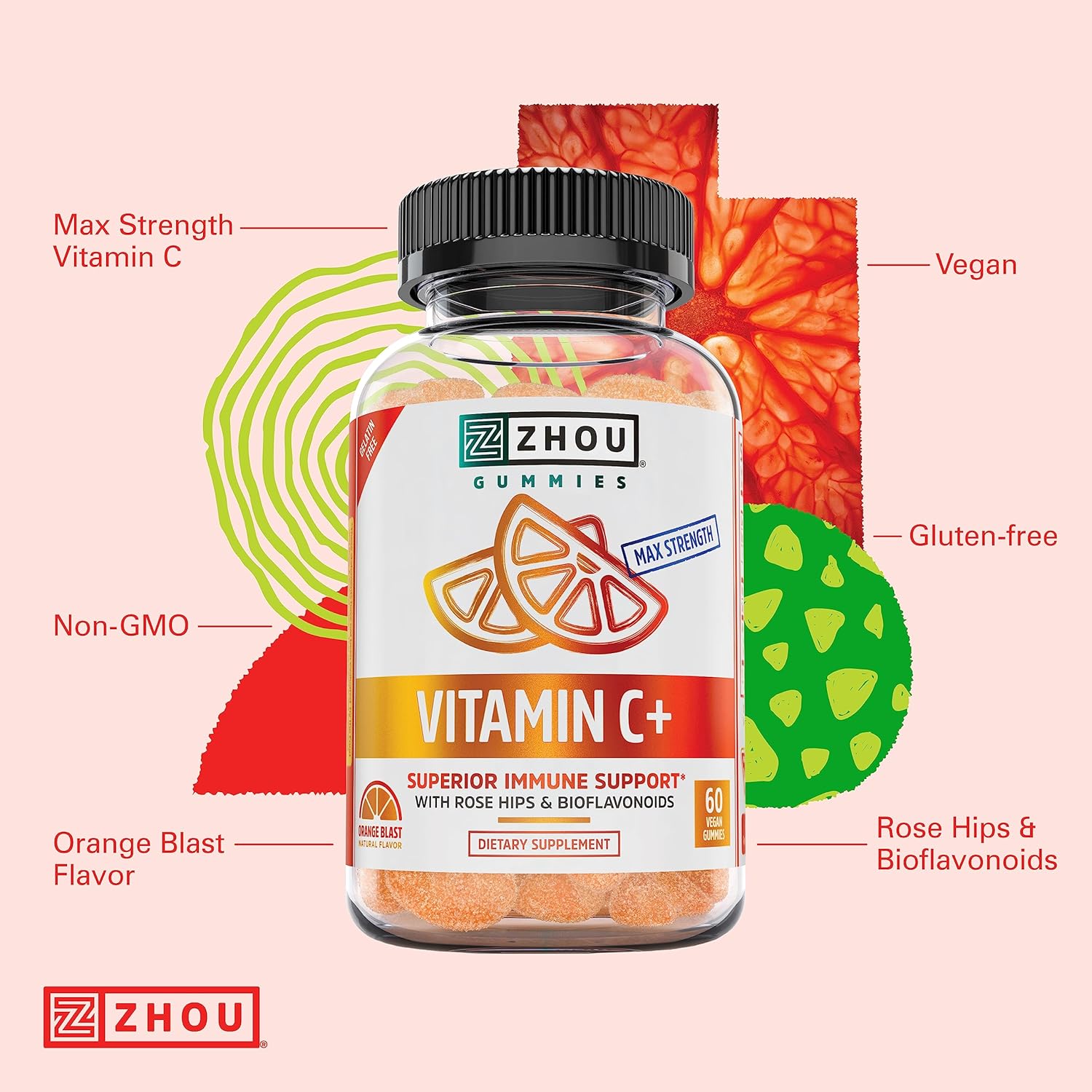 Zhou Nutrition Max Strength Vitamin C+ Immune Support Gummies with Rose Hips & Bioflavonoids - 60 Count, Non-GMO, Vegan & Gluten Free