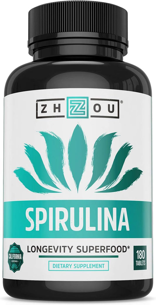 Zhou Nutrition Spirulina Tablets: Sustainably Grown in California, Nutrient-Packed Superfood with Vitamins, Vegan Protein, and Amino Acids - Non-Irradiated, Gluten Free, Non-GMO - 30 Servings, 180 Count
