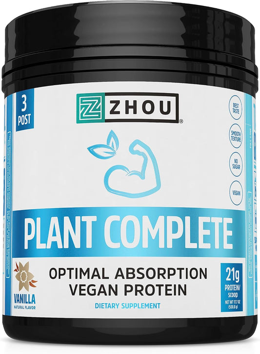 Zhou Nutrition Vegan Protein Powder - Vanilla, High Digestibility, Full Amino Acid Profile, Dairy/Soy/Gluten/Sugar Free, 21g Protein, 16 Servings