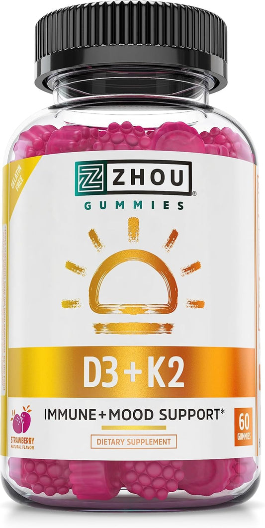 Zhou Nutrition Vitamin D3 K2 Gummies, 5000 IU & 90 mcg, Bone & Heart Health Formula, 2 in 1 Immune Support, Strawberry, 60 Count - BoostGo Australia