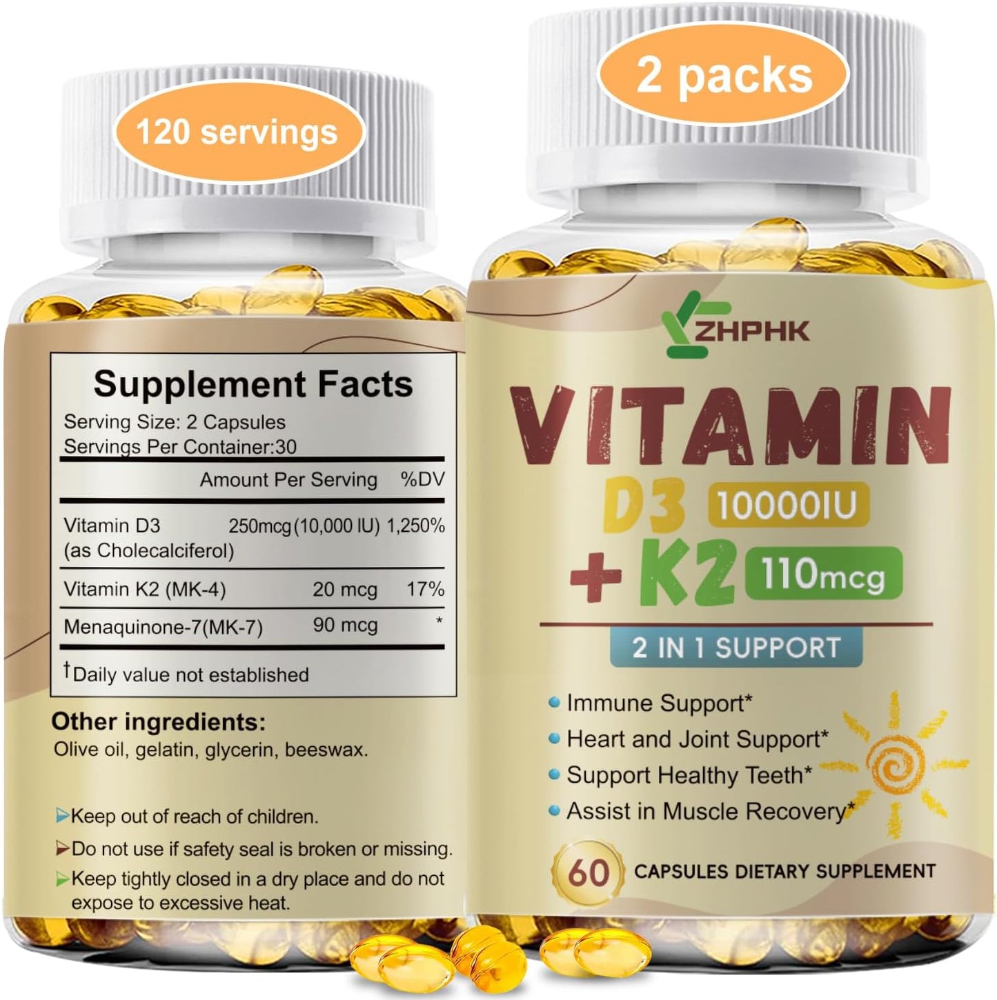 ZHPHK Vitamin D3 K2 Supplements for Bone & Heart Health, 10,000iu, 120 Softgels, Gluten Free