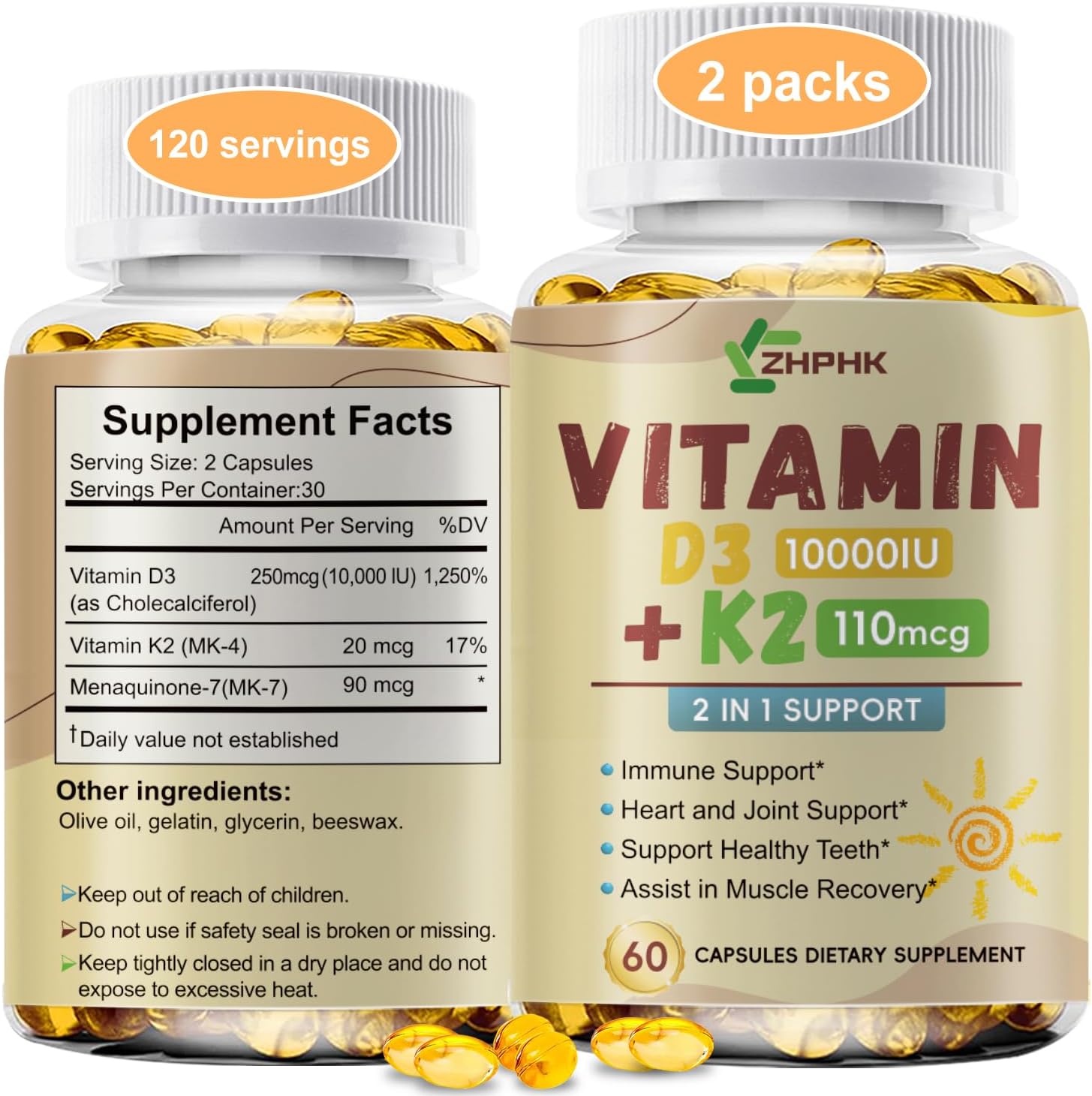 ZHPHK Vitamin D3 K2 Supplements for Bone & Heart Health, 10,000iu, 120 Softgels, Gluten Free