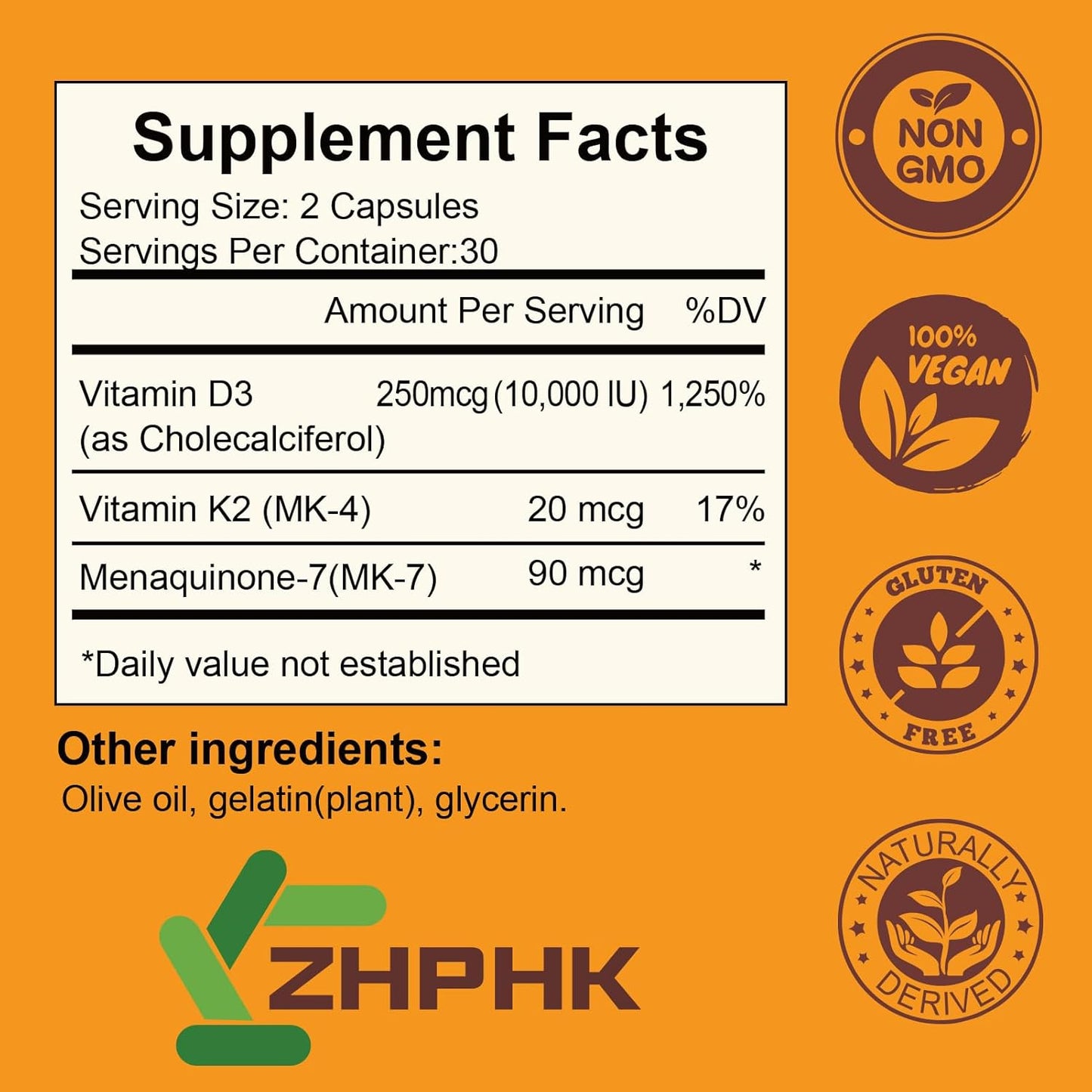 ZHPHK Vitamin D3 K2 Supplements for Bone & Heart Health, 10,000iu, 120 Softgels, Gluten Free