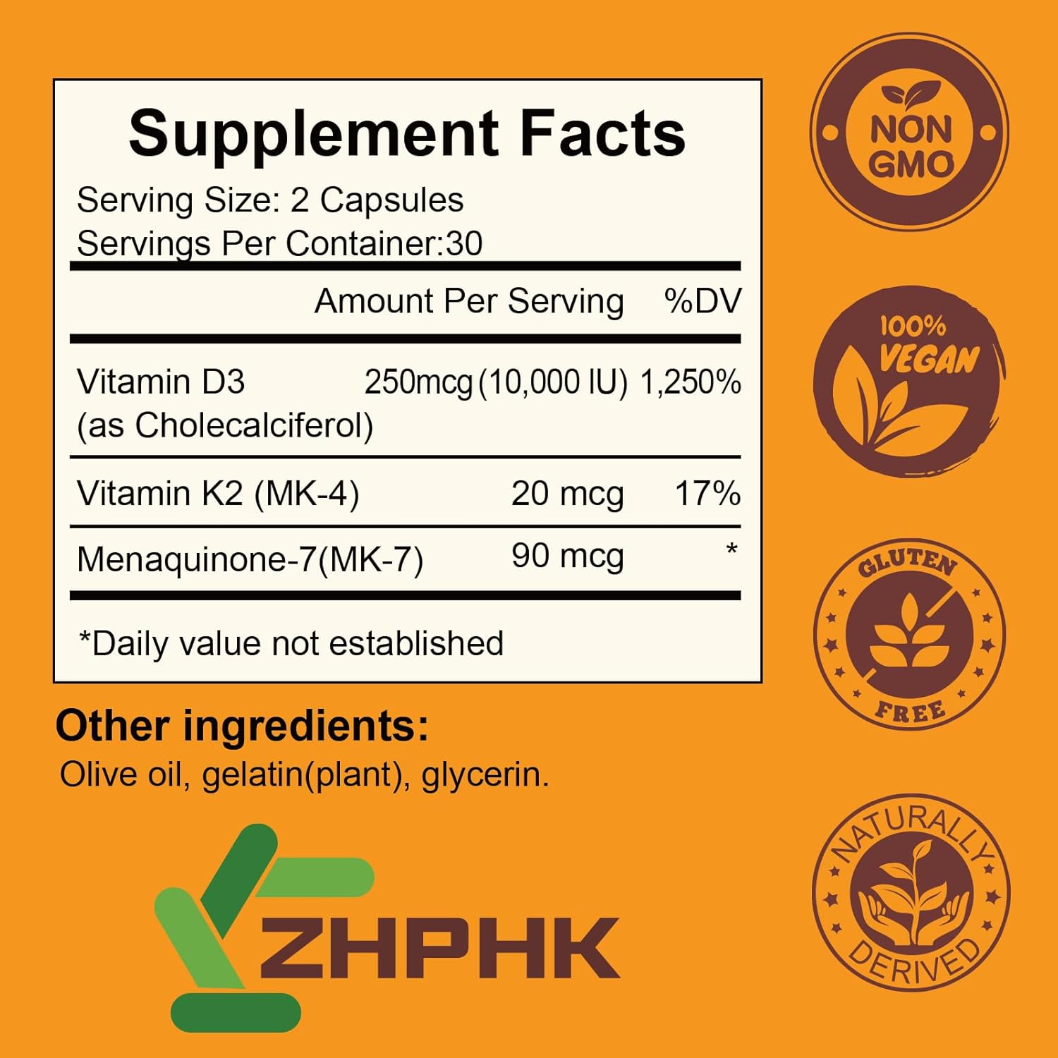ZHPHK Vitamin D3 K2 Supplements for Bone & Heart Health, 10,000iu, 120 Softgels, Gluten Free