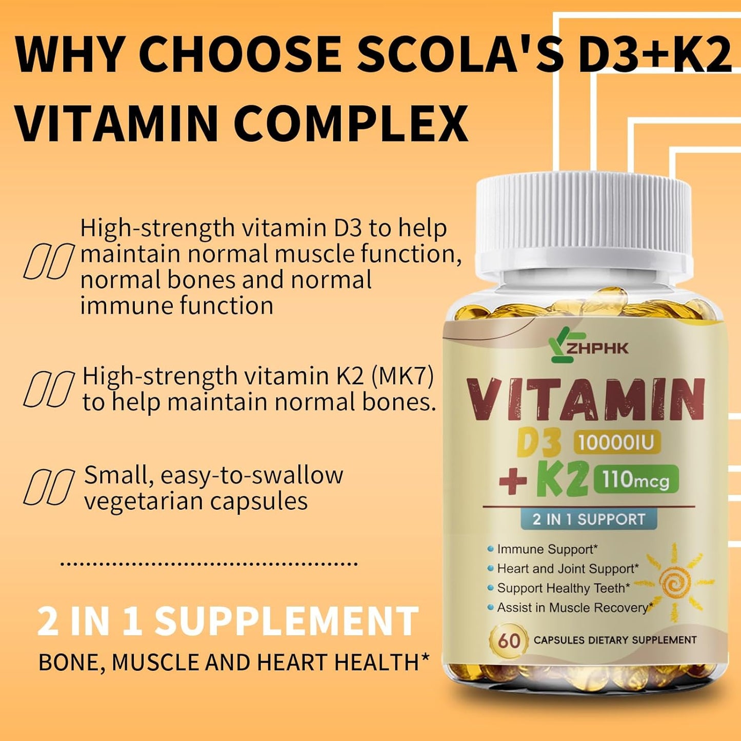 ZHPHK Vitamin D3 K2 Supplements for Bone & Heart Health, 10,000iu, 120 Softgels, Gluten Free