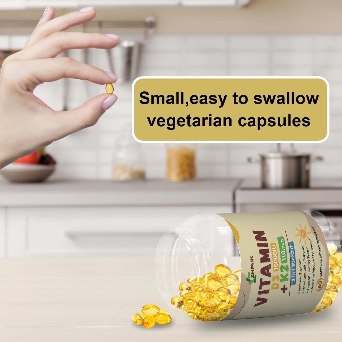 ZHPHK Vitamin D3 K2 Supplements for Bone & Heart Health, 10,000iu, 120 Softgels, Gluten Free