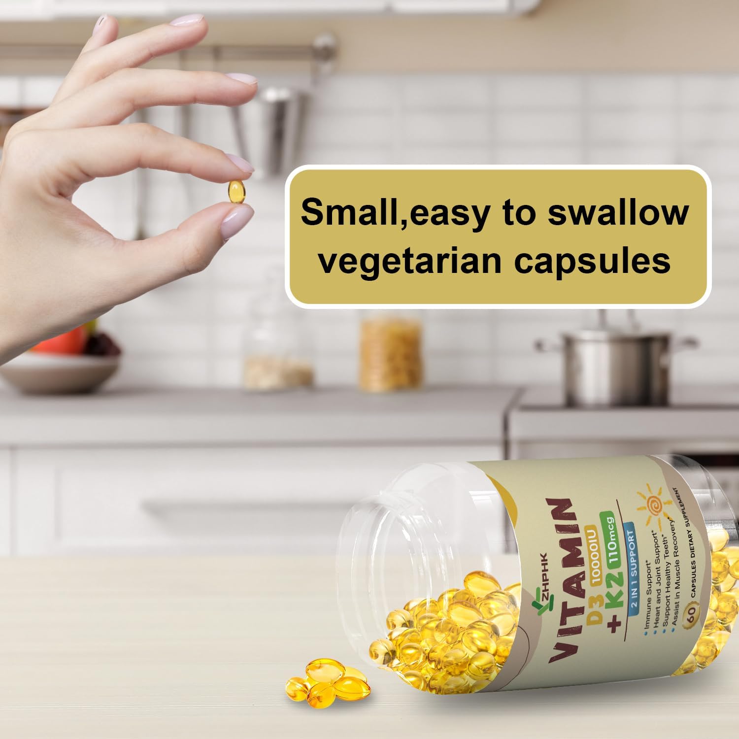 ZHPHK Vitamin D3 K2 Supplements for Bone & Heart Health, 10,000iu, 120 Softgels, Gluten Free