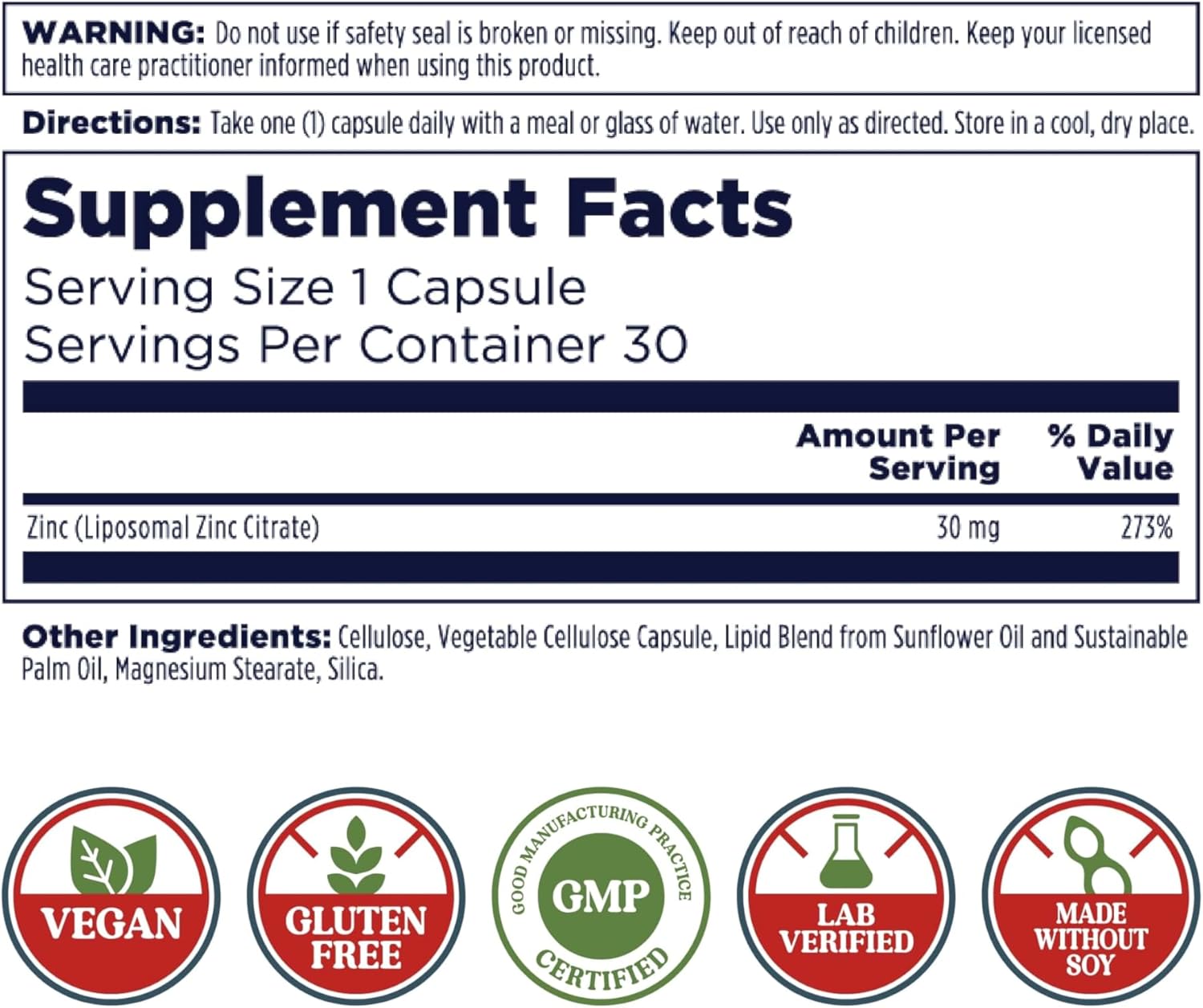 Zinc 30mg Liposomal Supplement for Immune Support, Enhanced Absorption, Vegan & Gluten Free, 30 Servings