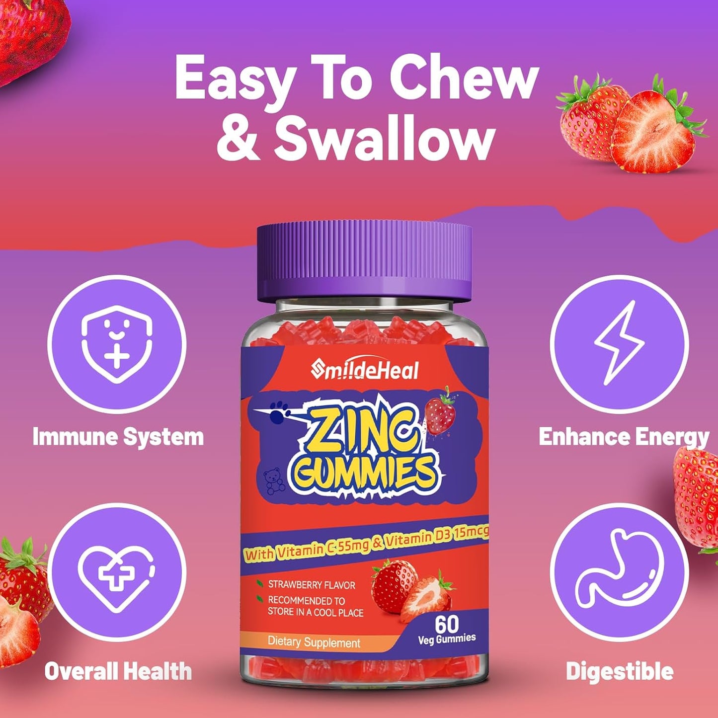 Zinc 50mg Gummies with Vitamin C & D3 - Non-GMO, Gluten Free, Strawberry Flavor (60 Count)
