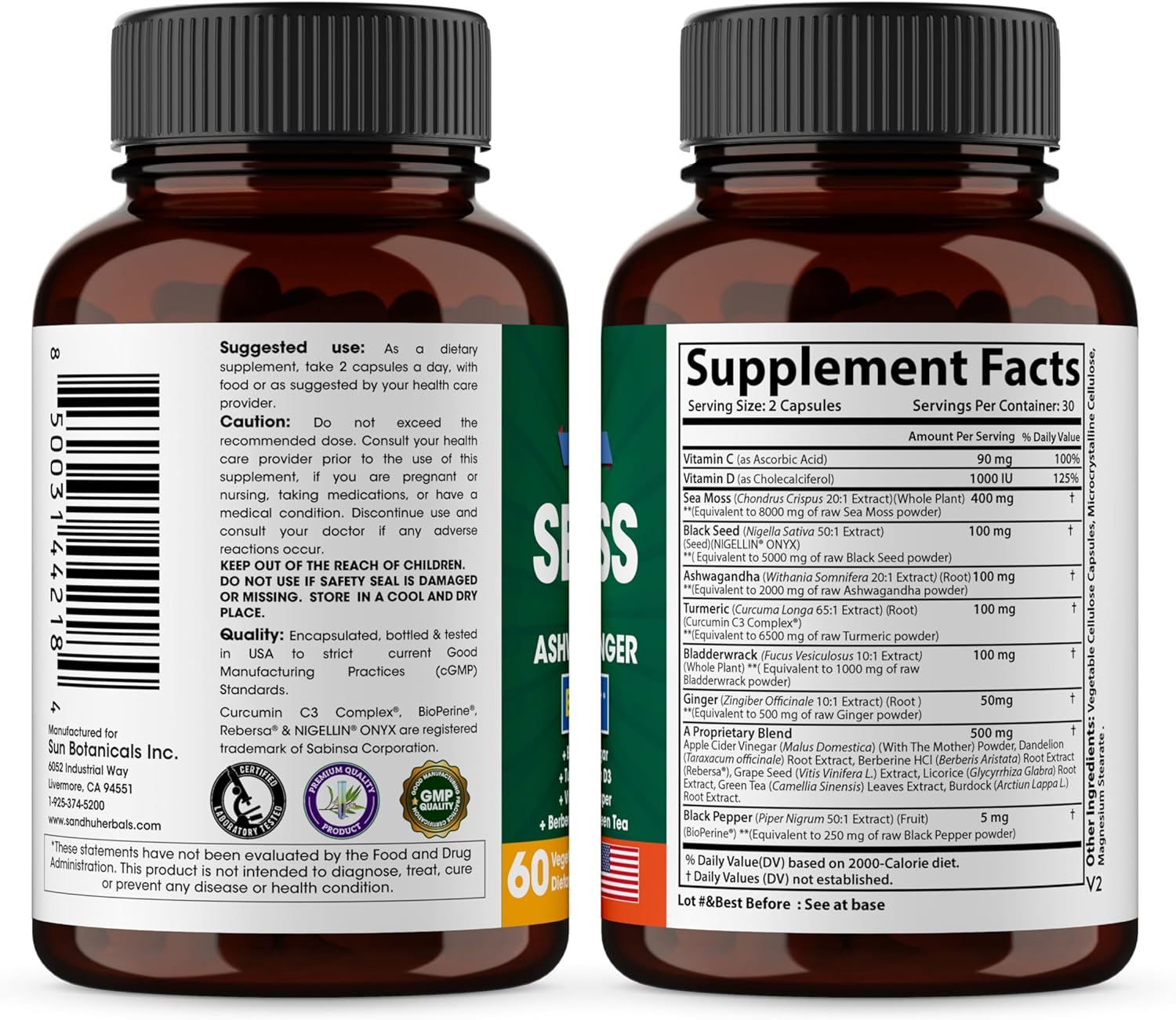 Zinc 50mg with Sea Moss, Black Seed Oil, Ashwagandha, Ginger, & Burdock Root Supplement for Men & Women, Made in USA by Sandhu Herbals