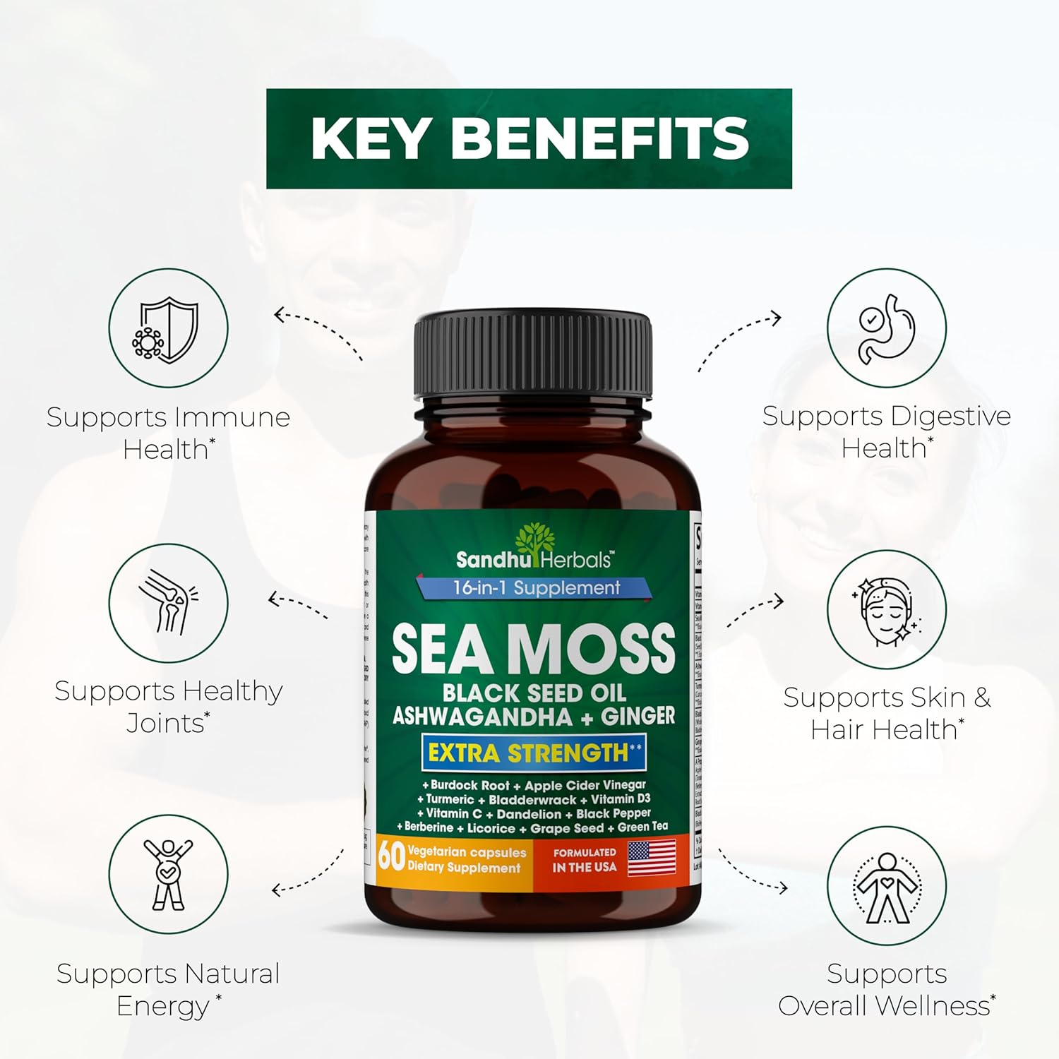 Zinc 50mg with Sea Moss, Black Seed Oil, Ashwagandha, Ginger, & Burdock Root Supplement for Men & Women, Made in USA by Sandhu Herbals