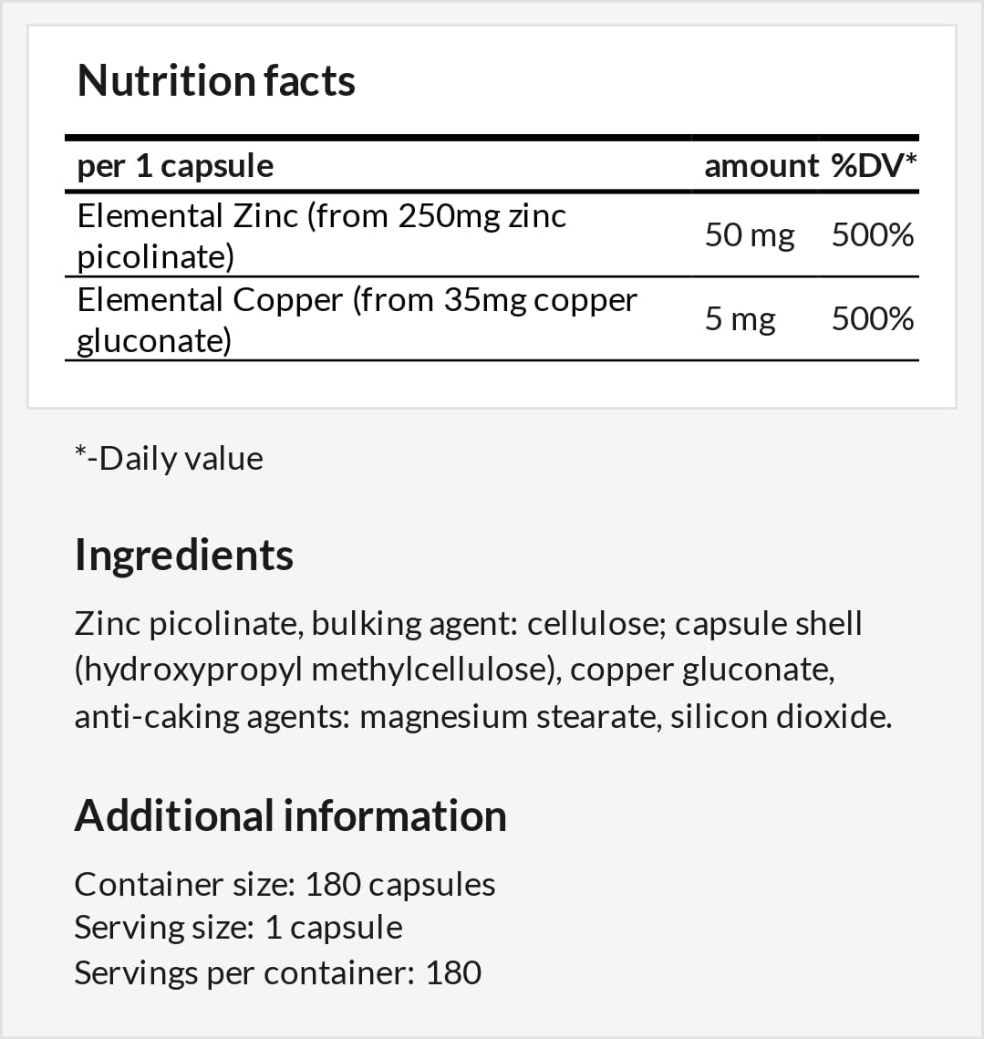 Zinc and Copper Supplement for Hair, Skin, and Nails - 180 Vegan Capsules - 6 Months Supply - Apollo's Hegemony