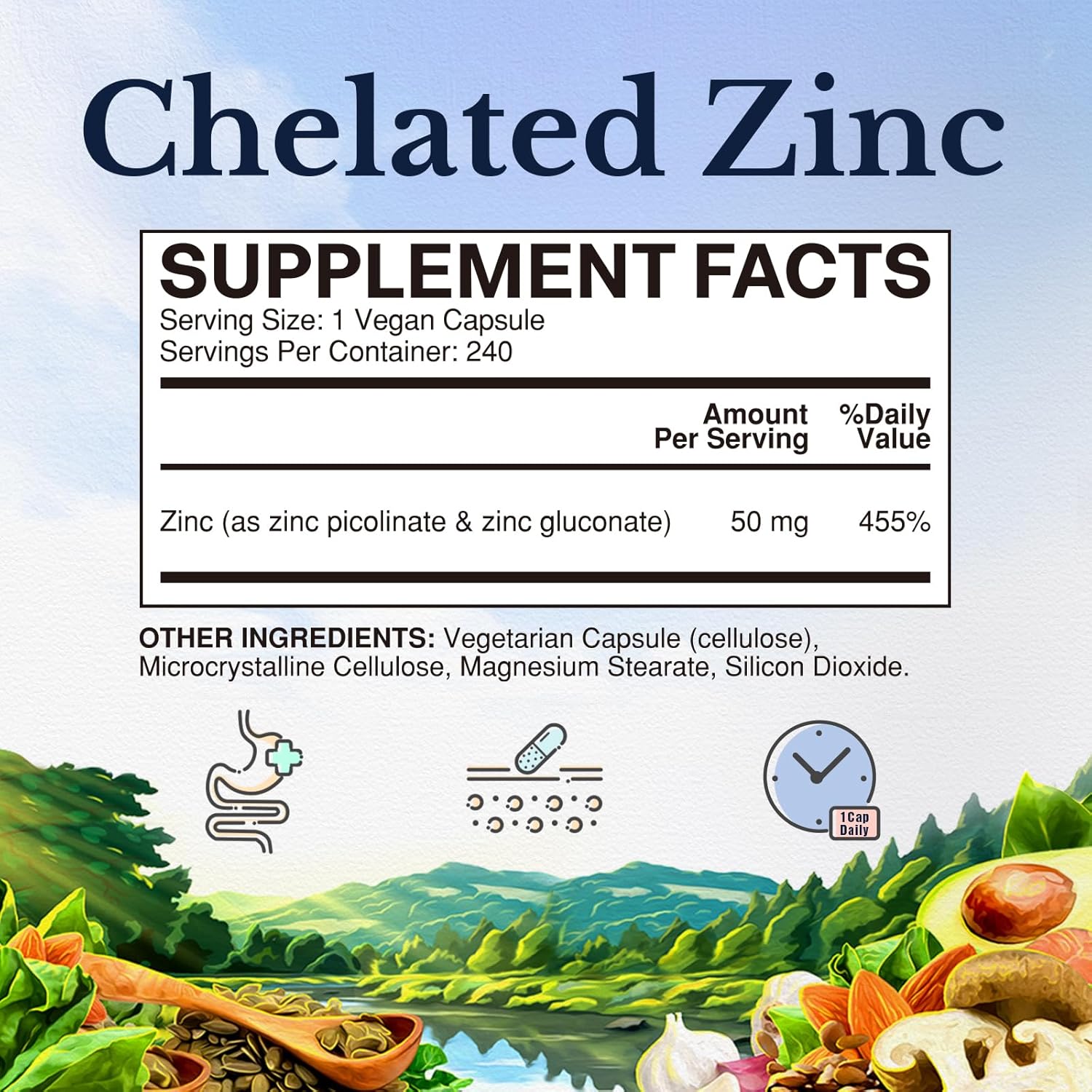 Zinc Chelated Supplement 50mg - 240 Veggie Capsules, Immune Support, Healthy Skin, Vegan & Non-GMO