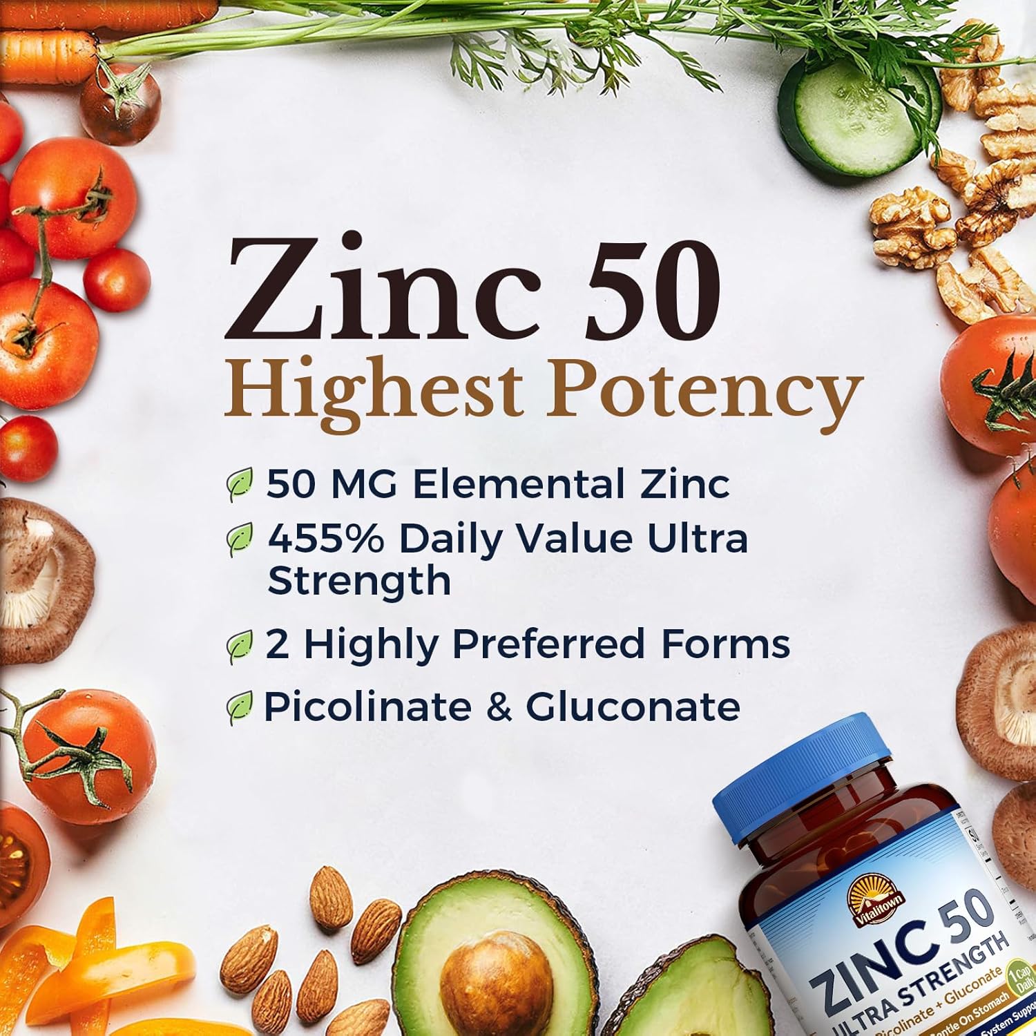 Zinc Chelated Supplement 50mg - 240 Veggie Capsules, Immune Support, Healthy Skin, Vegan & Non-GMO