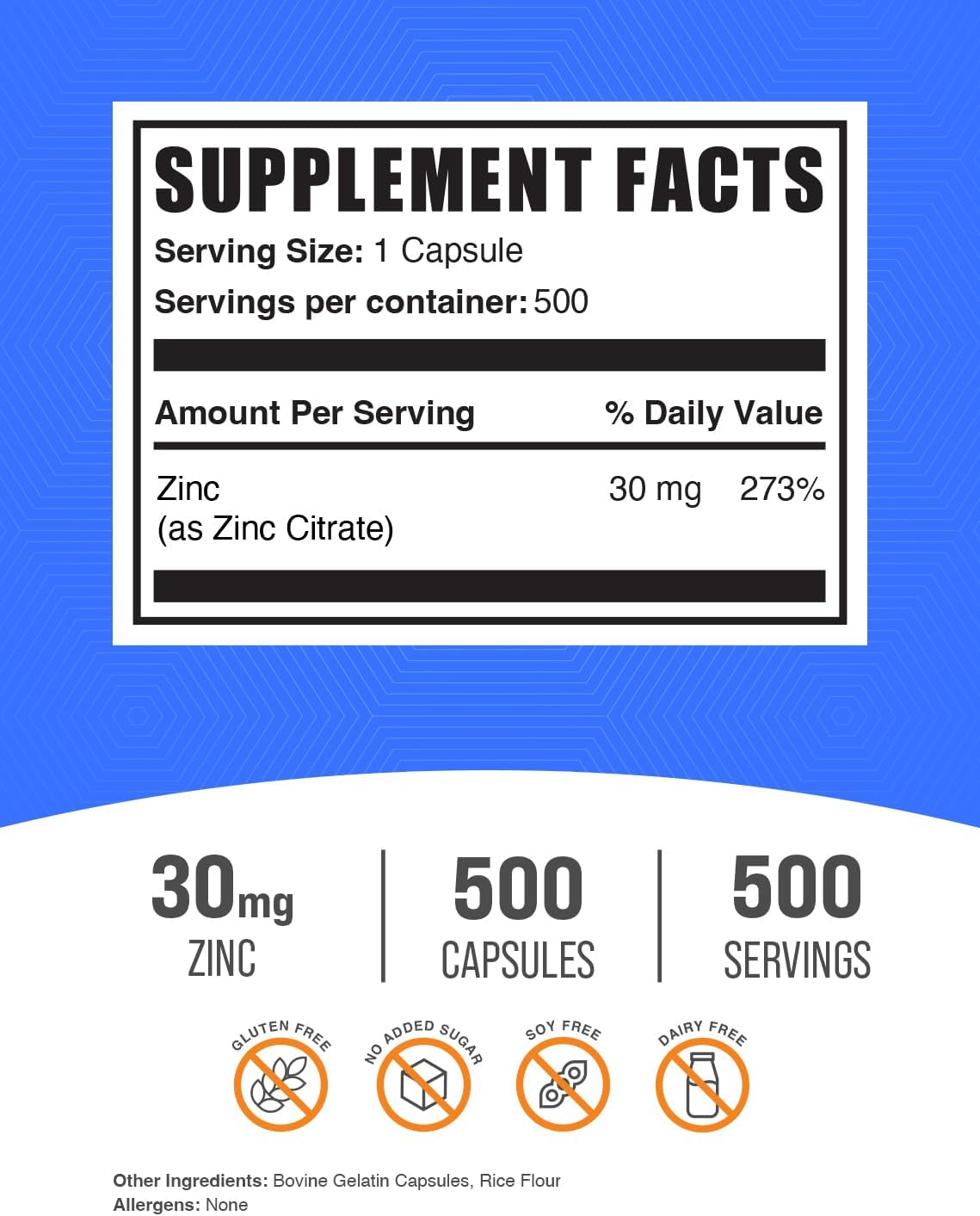 Zinc Citrate Capsules - 30mg Zinc Supplements for Immune Support - Gluten Free, 500 Capsules, 1 Capsule/Serving