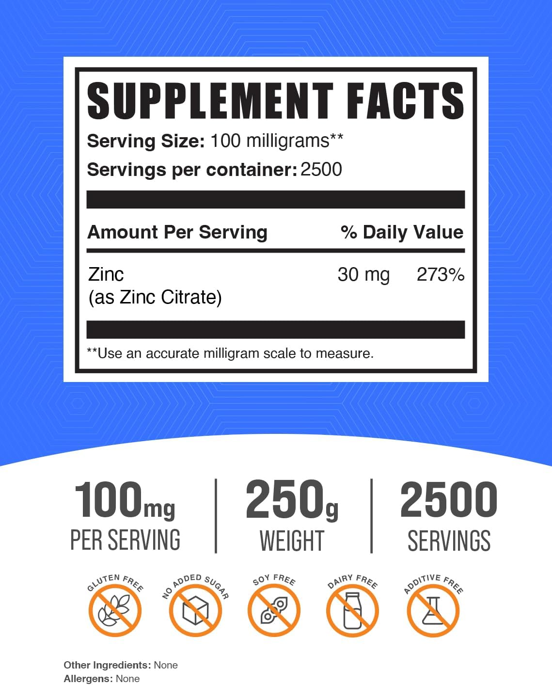 Zinc Citrate Powder 250g (8.8 oz) - Pure Zinc Supplements 30mg - Immune Support - Gluten Free - BulkSupplements