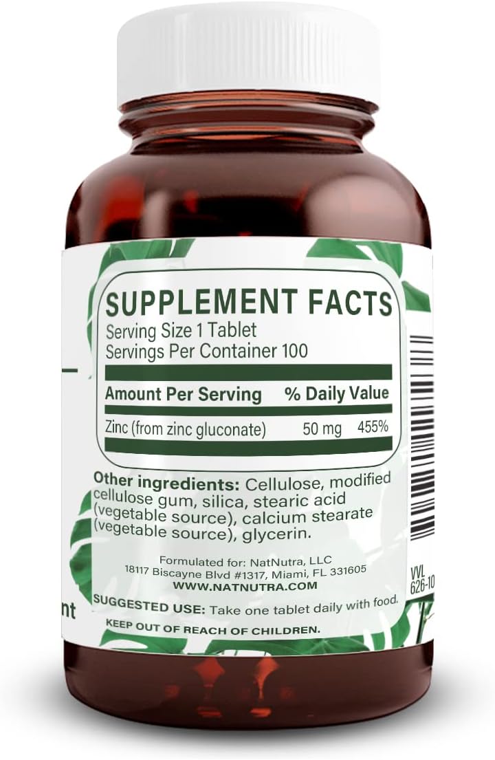 Zinc Gluconate 50mg Supplement for Immune Support, Skin Health, Flu Relief, Memory Boost - 100 Vegan Tablets