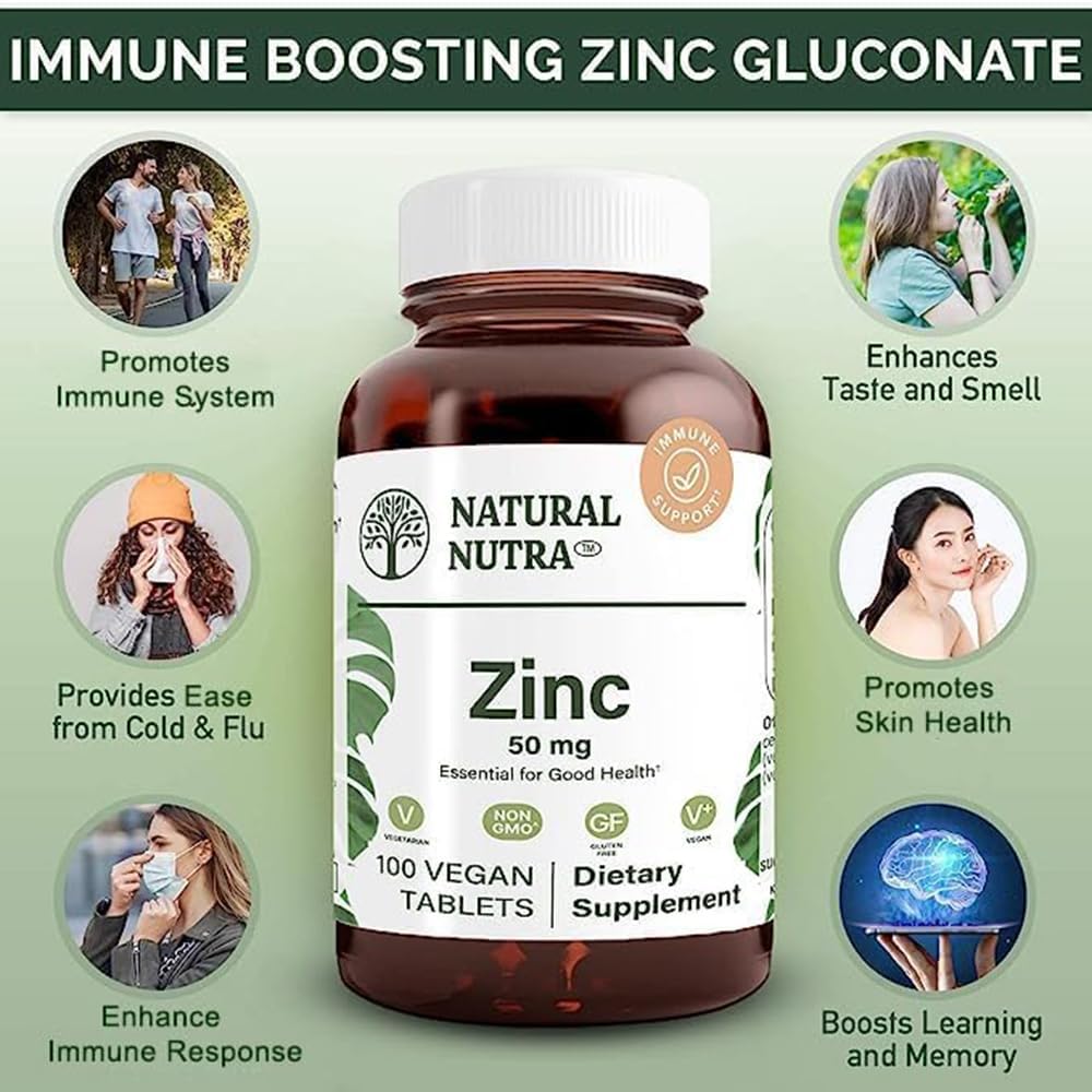 Zinc Gluconate 50mg Supplement for Immune Support, Skin Health, Flu Relief, Memory Boost - 100 Vegan Tablets