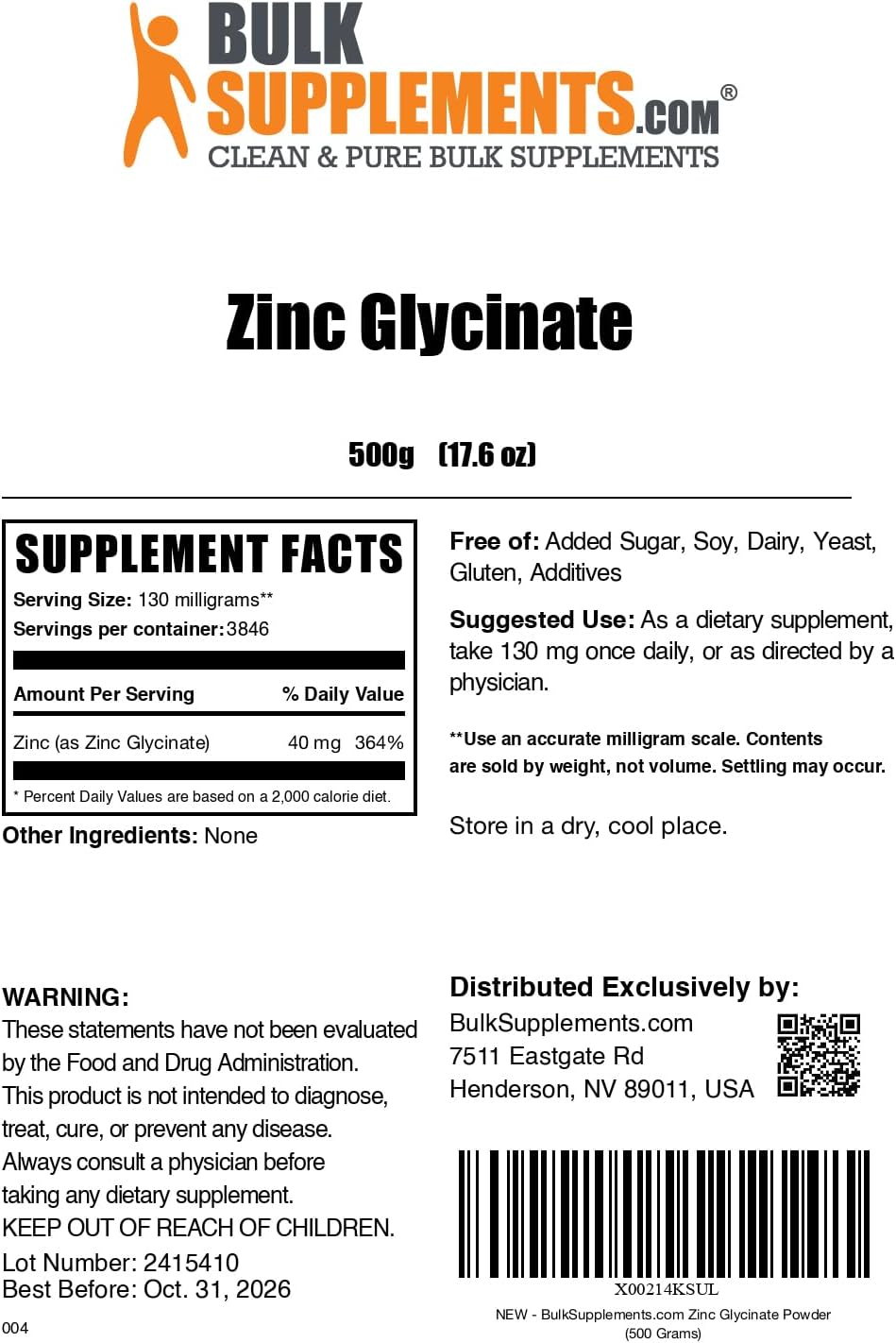 Zinc Glycinate Powder Supplement for Immune Support - 40mg of Zinc - Gluten Free - 500g (1.1 lbs) - Pack of 1 - BulkSupplements