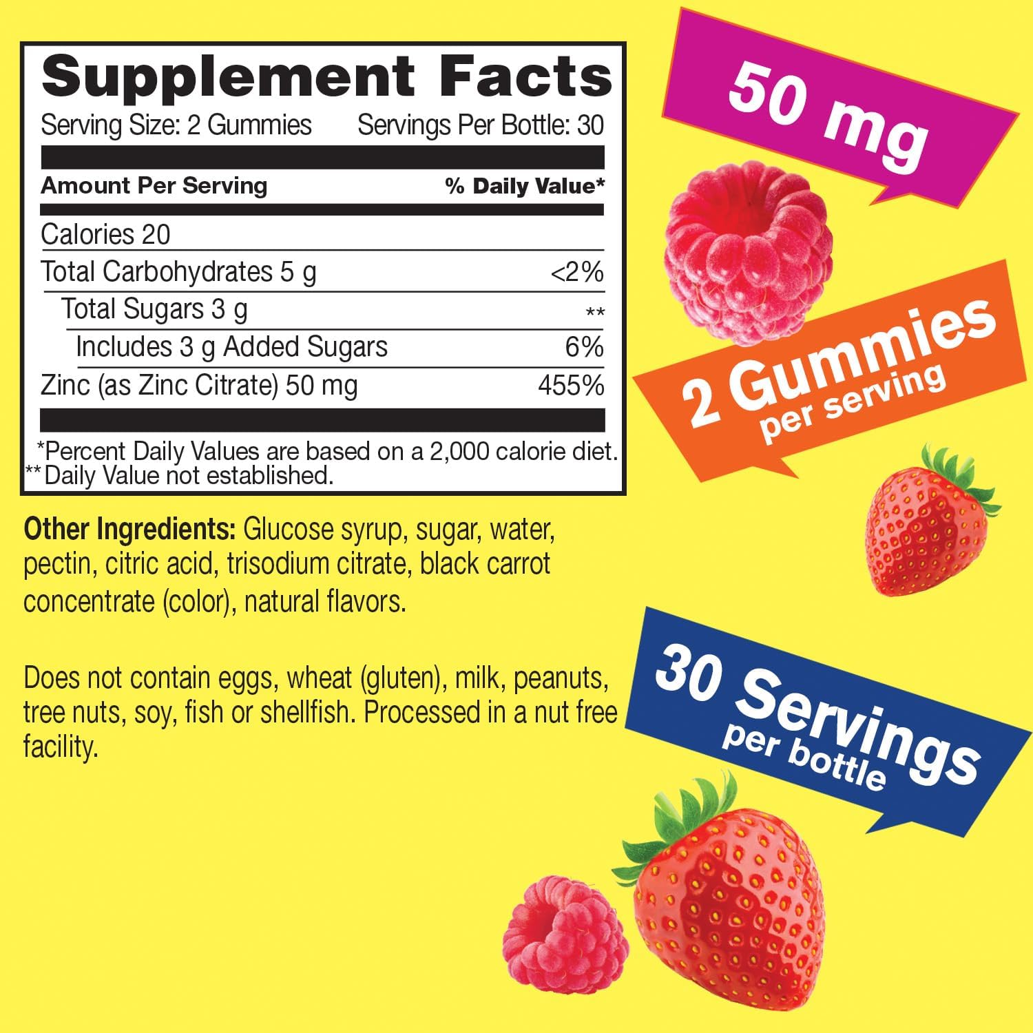 Zinc Gummies 50mg - Immune Support and Antioxidant Health - Berry Flavor - Gluten-Free, GMO-Free - 60 Gummies