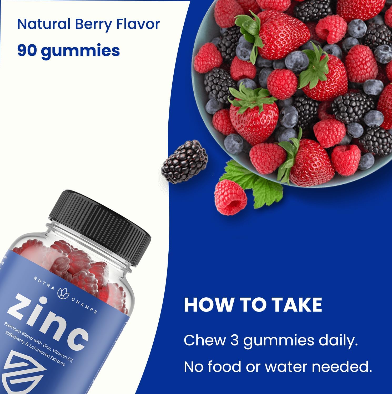 Zinc Gummies with Vitamin D3, Elderberry & Echinacea - 50mg Chewable Supplement for Immune, Heart & Brain Support - 90 Count