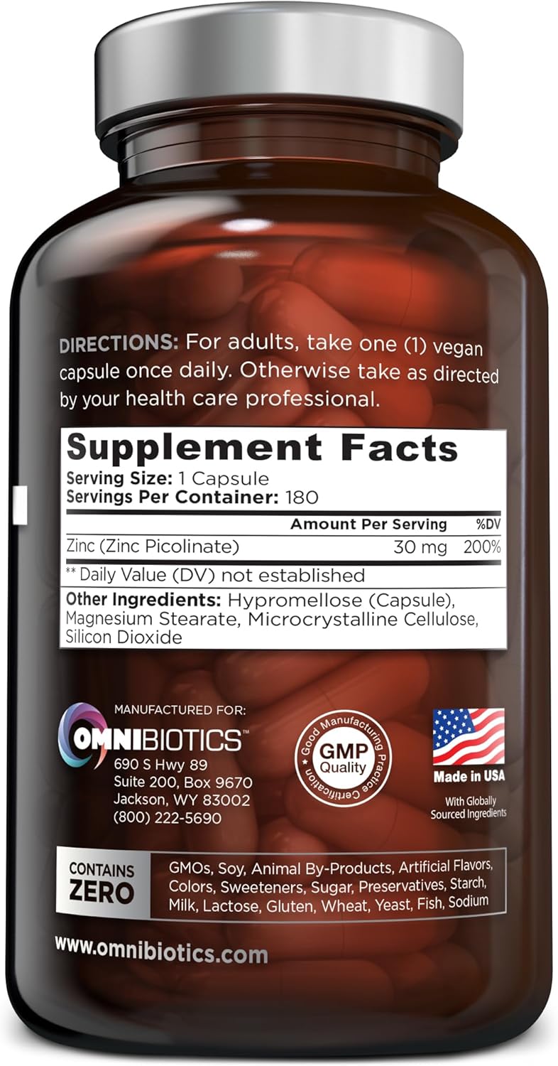 Zinc Picolinate 30mg Capsules - Immune System Support Supplement for Men & Women - High Absorption Zinc Vitamins for Healthy Skin - 180 Vegan Caps