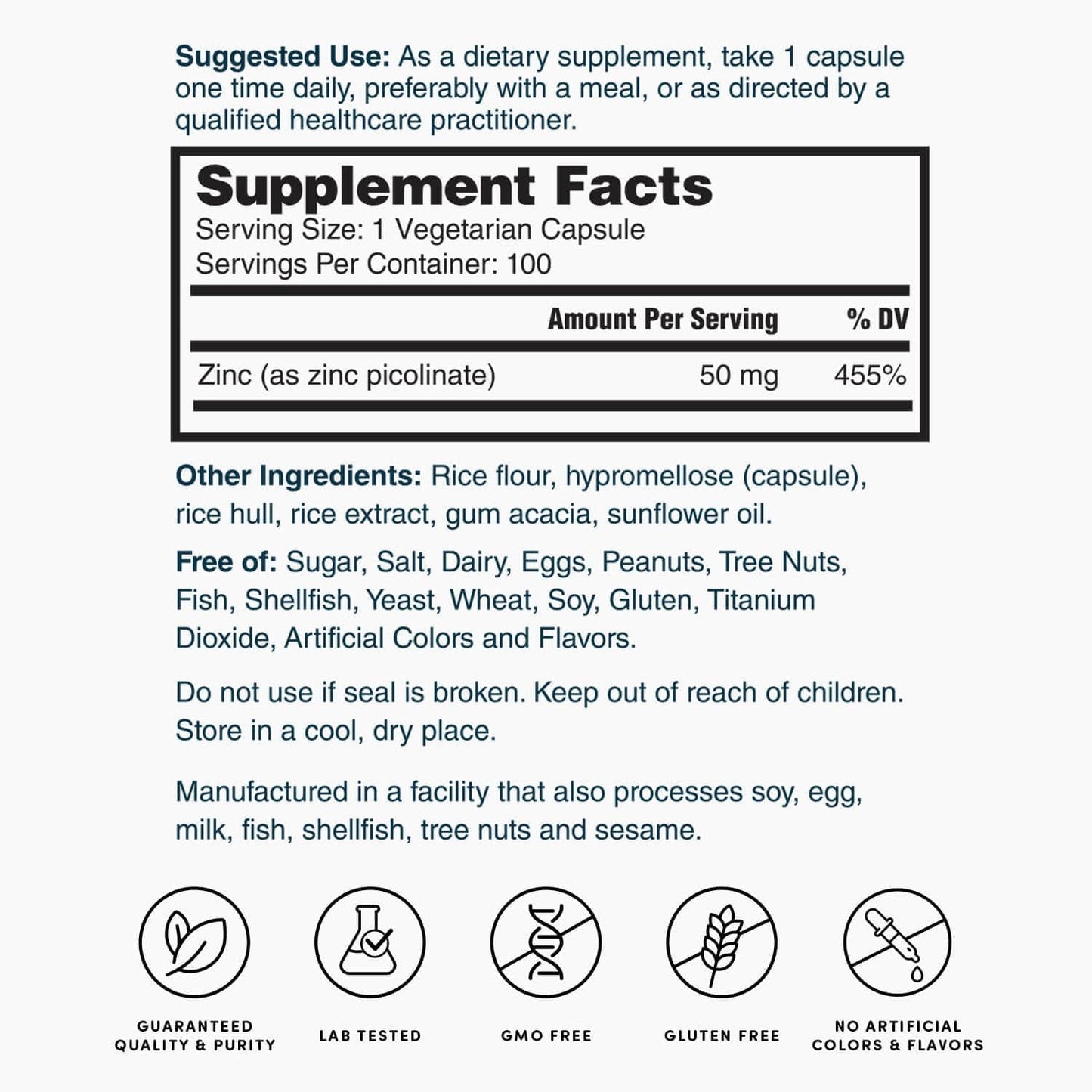 Zinc Picolinate 50mg Capsules - Highly Absorbable Supplement by Nature's Lab - 100 Count (3 Month Supply)