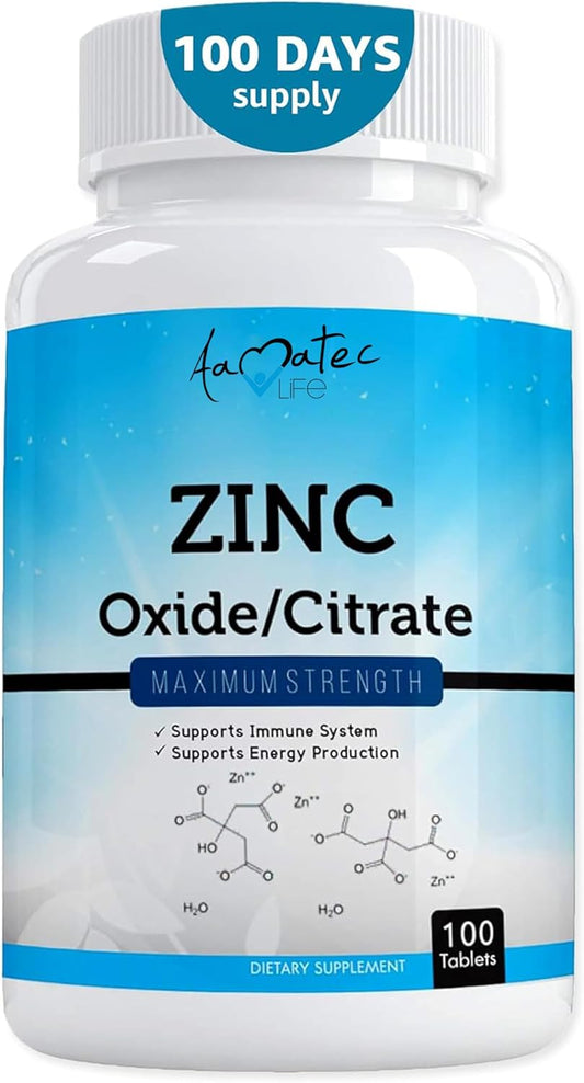 Zinc Supplement 50mg for Immune and Metabolism Support - Vegan Heart and Eye Health - 100 Tablets for Men and Women by Amatec Life