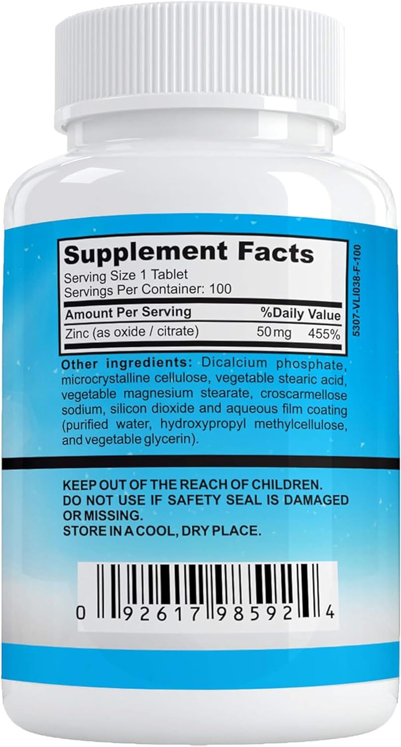 Zinc Supplement 50mg for Immune and Metabolism Support - Vegan Heart and Eye Health - 100 Tablets for Men and Women by Amatec Life