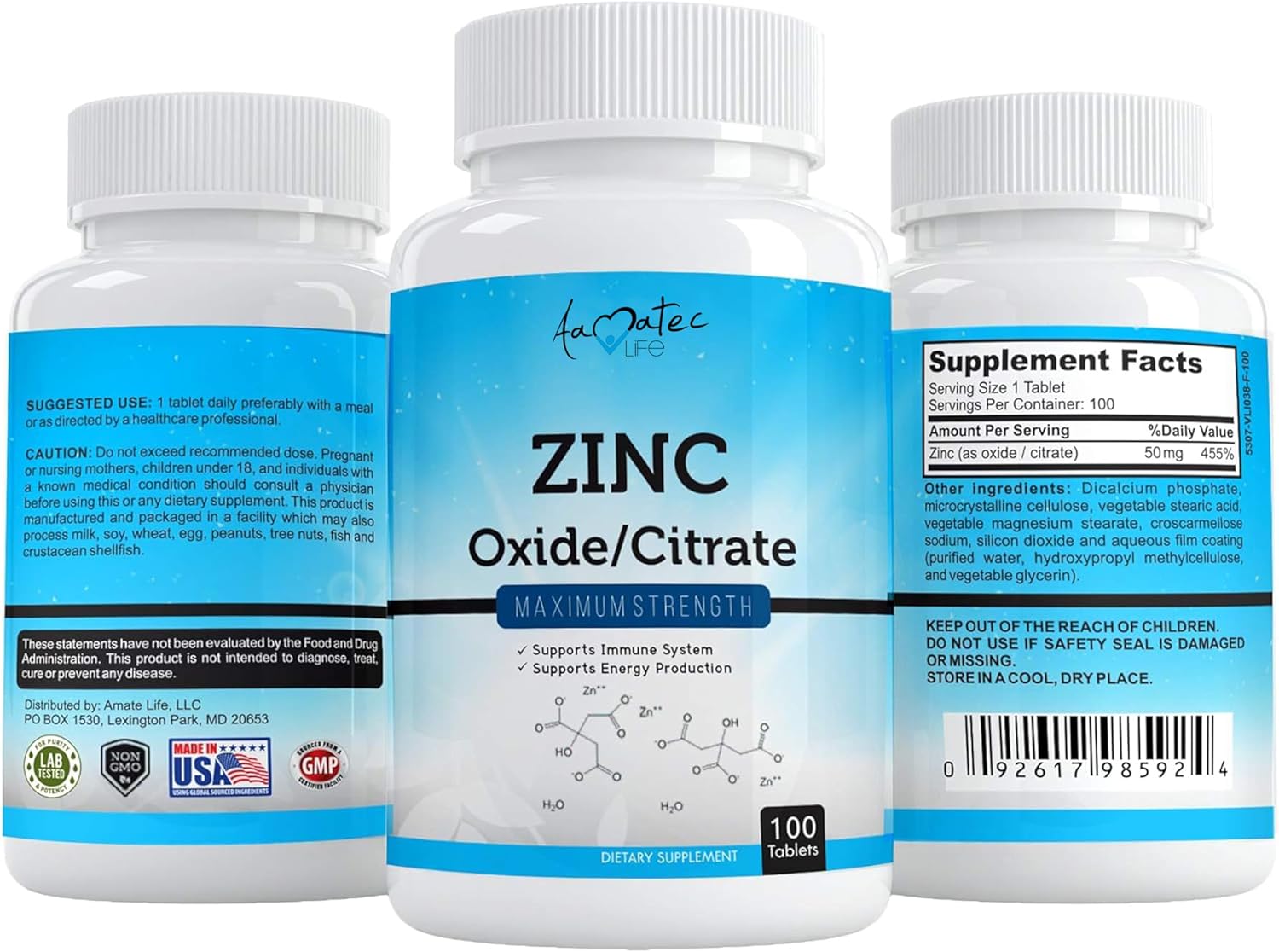 Zinc Supplement 50mg for Immune and Metabolism Support - Vegan Heart and Eye Health - 100 Tablets for Men and Women by Amatec Life