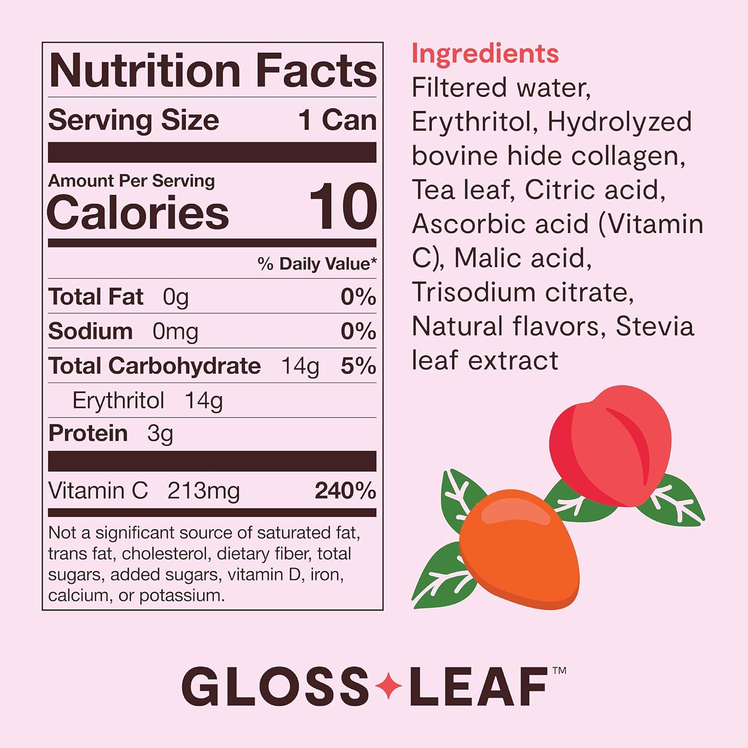 Zint Gloss Leaf Collagen Iced Tea - Zero-Sugar Peach Flavor, Beauty & Anti-Aging, 12 Fl Oz, 12 Pack