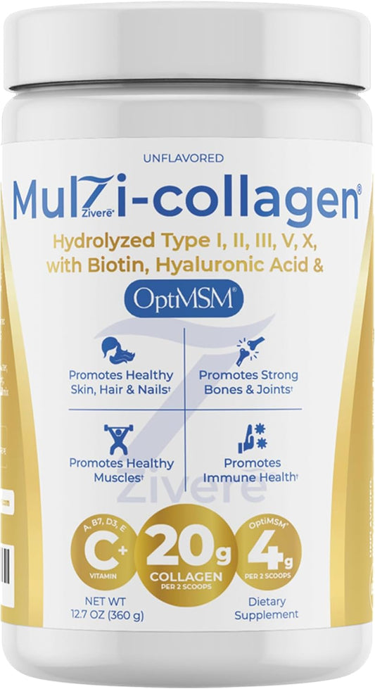 Zivere MulZi-Collagen Advanced Formula: Multi Collagen Peptides Powder with Hyaluronic Acid, Opti MSM & Biotin - Types I, II, III, V, X - Unflavored, 30 Servings - Hydrolyzed Protein for Men and Women