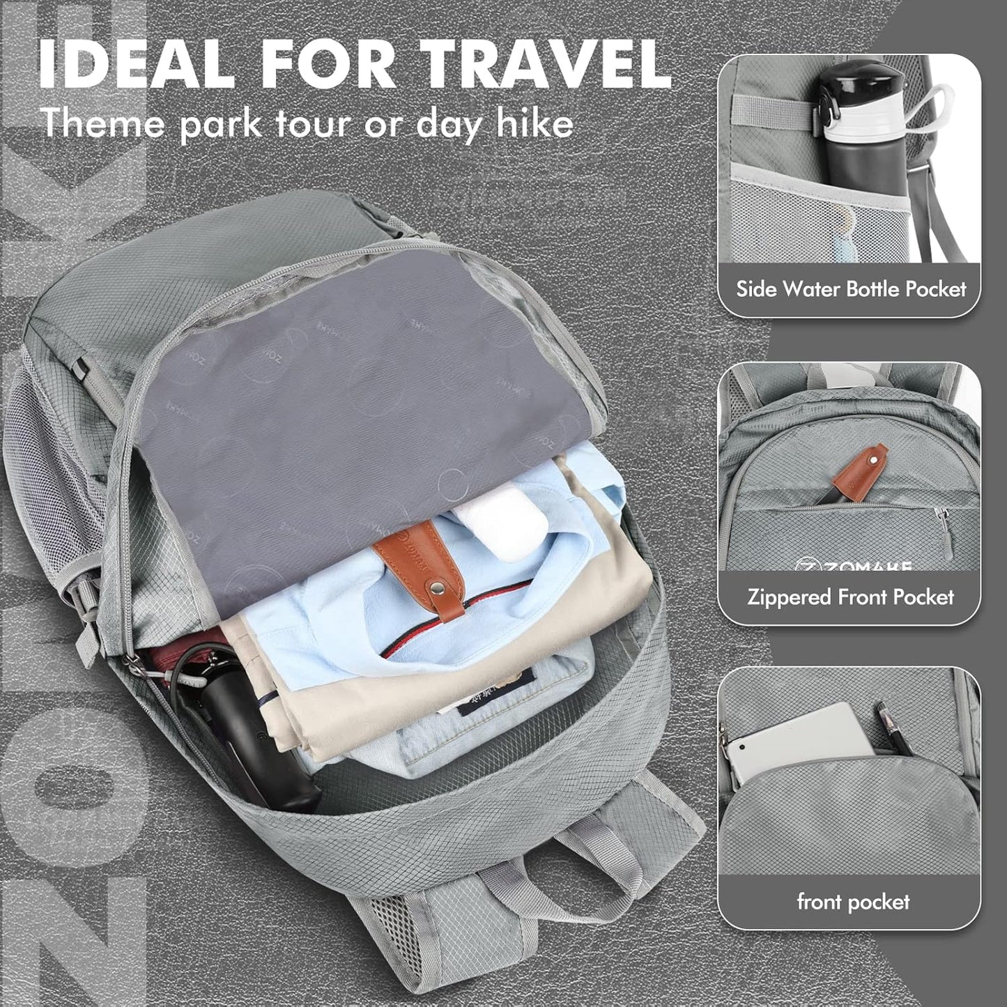 ZOMAKE 30L Packable Backpack - Lightweight Water Resistant Folding Daypack for Travel - Silver Grey