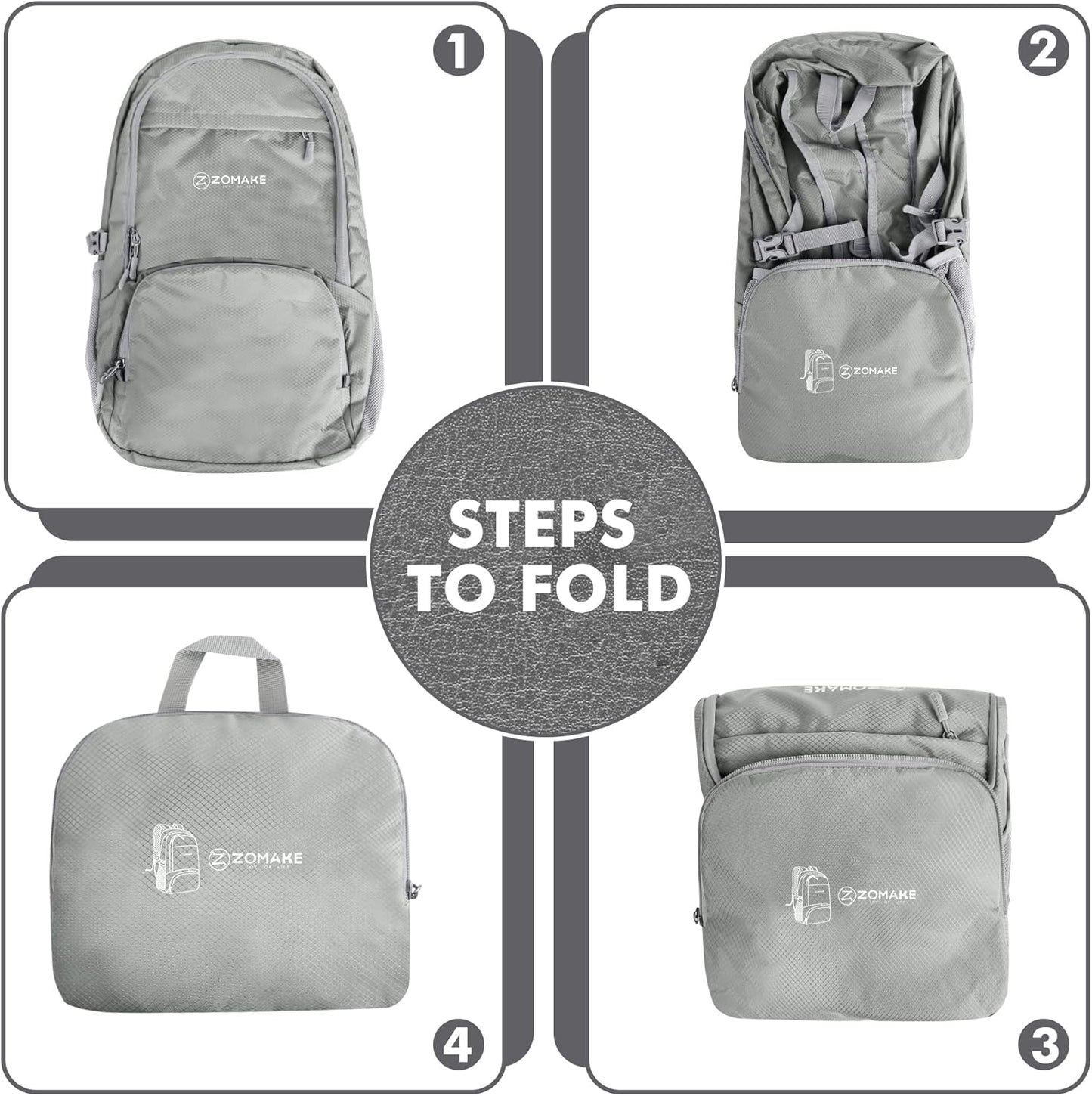 ZOMAKE 30L Packable Backpack - Lightweight Water Resistant Folding Daypack for Travel - Silver Grey