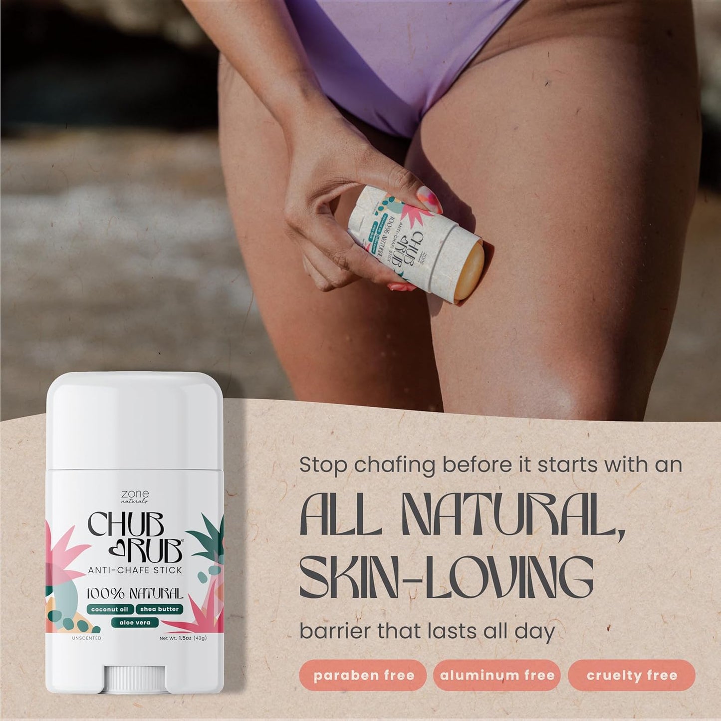 Zone Naturals Chafing Stick - 100% Natural Chub Rub Stick - Anti Chafing Stick for Friction Defense - 1.5 Ounce
