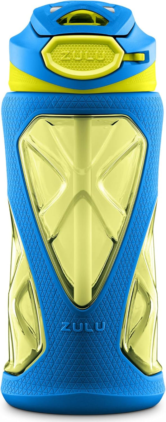 ZULU Torque 16oz Plastic Water Bottle for Kids with Silicone Sleeve and Leak-Proof Flip Lid - BPA-Free, Dishwasher Safe, Carry Loop for School