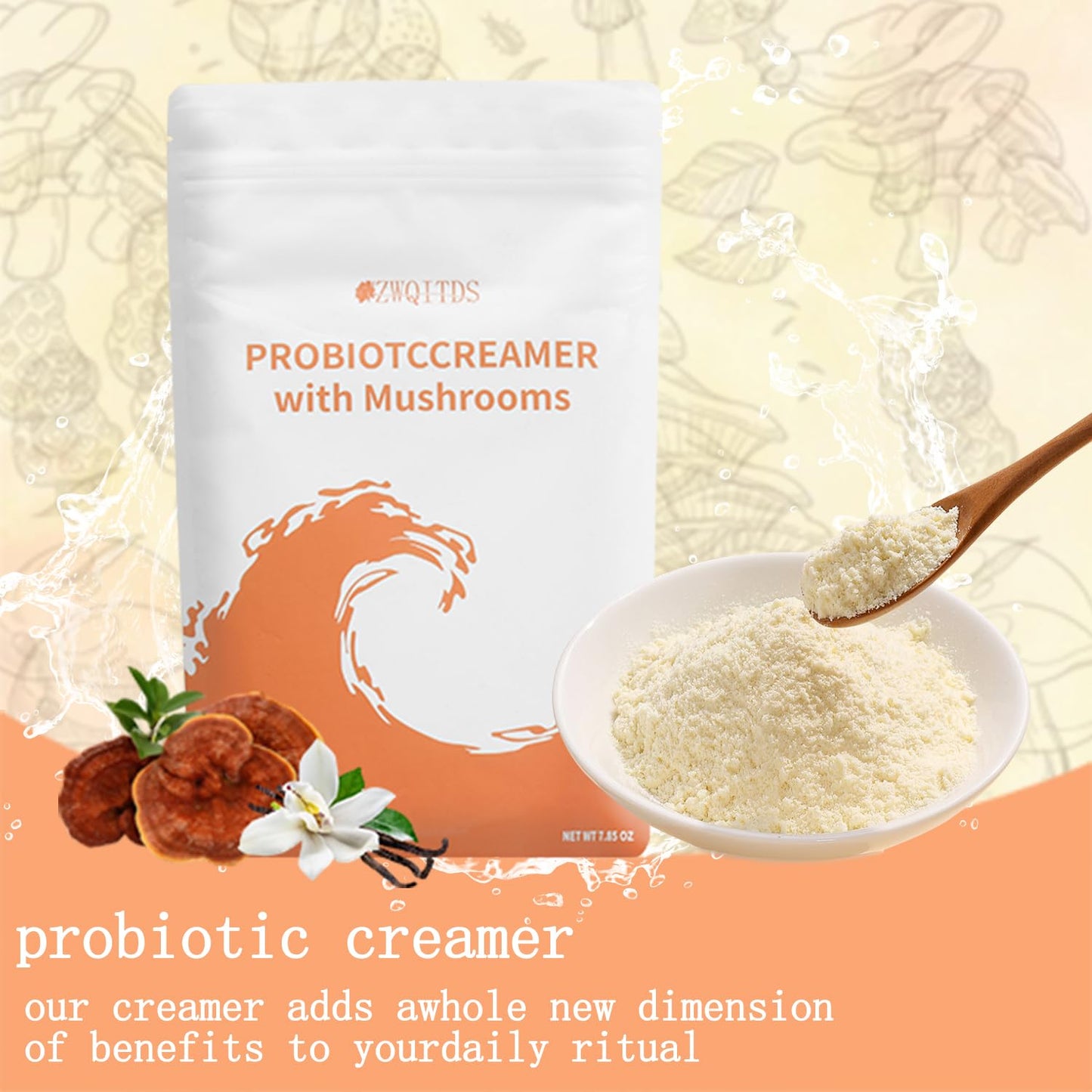 ZWQITDS Probiotic Creamer with Mushrooms & Probiotics - 6-Mushroom Blend & 1 Billion CFU - Supports Gut Health - Single Dosage: 1 tbsp (7 g) - 30 Servings