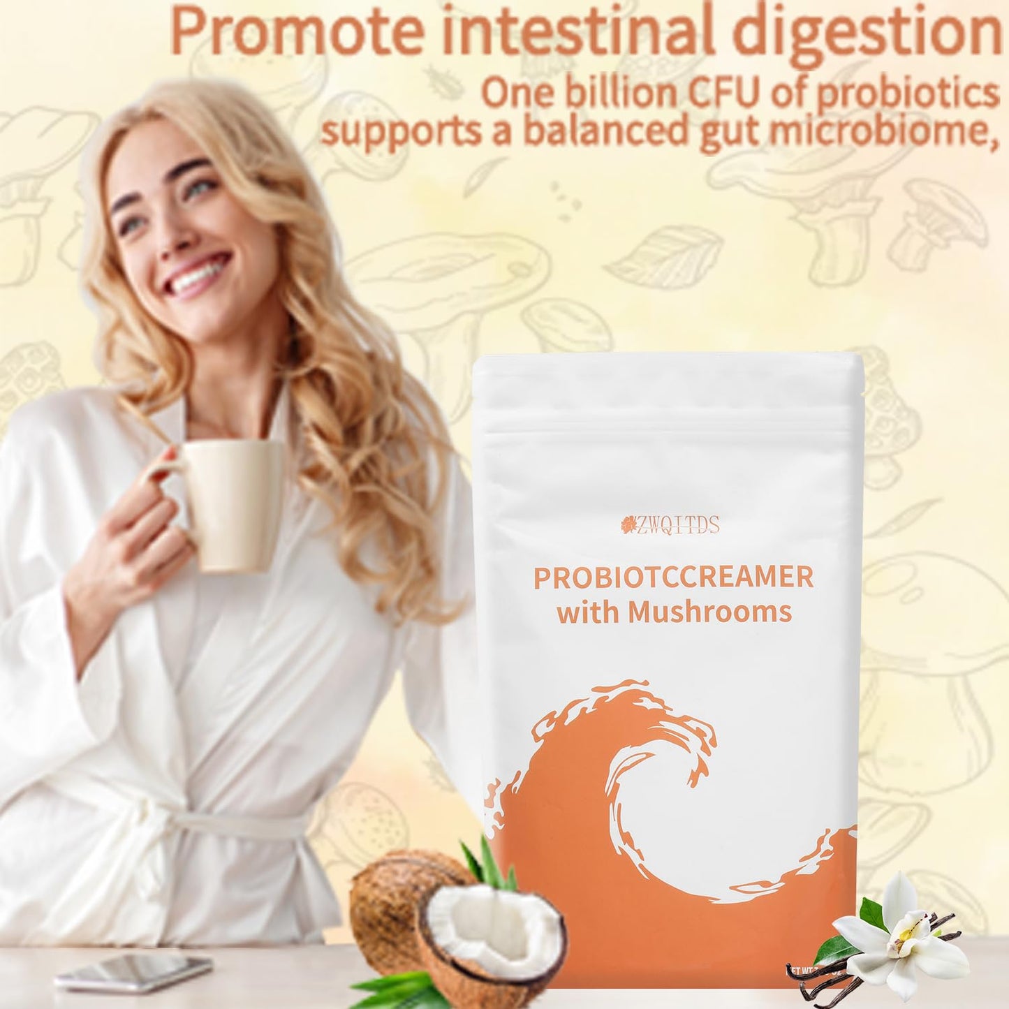 ZWQITDS Probiotic Creamer with Mushrooms & Probiotics - 6-Mushroom Blend & 1 Billion CFU - Supports Gut Health - Single Dosage: 1 tbsp (7 g) - 30 Servings