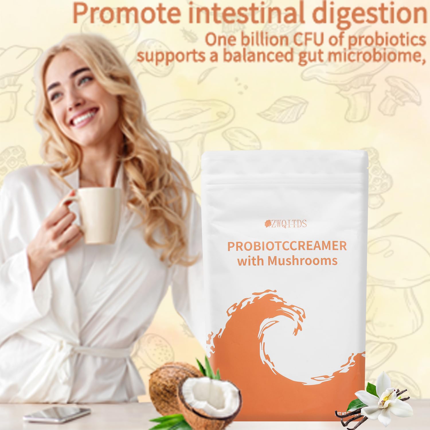 ZWQITDS Probiotic Creamer with Mushrooms & Probiotics - 6-Mushroom Blend & 1 Billion CFU - Supports Gut Health - Single Dosage: 1 tbsp (7 g) - 30 Servings