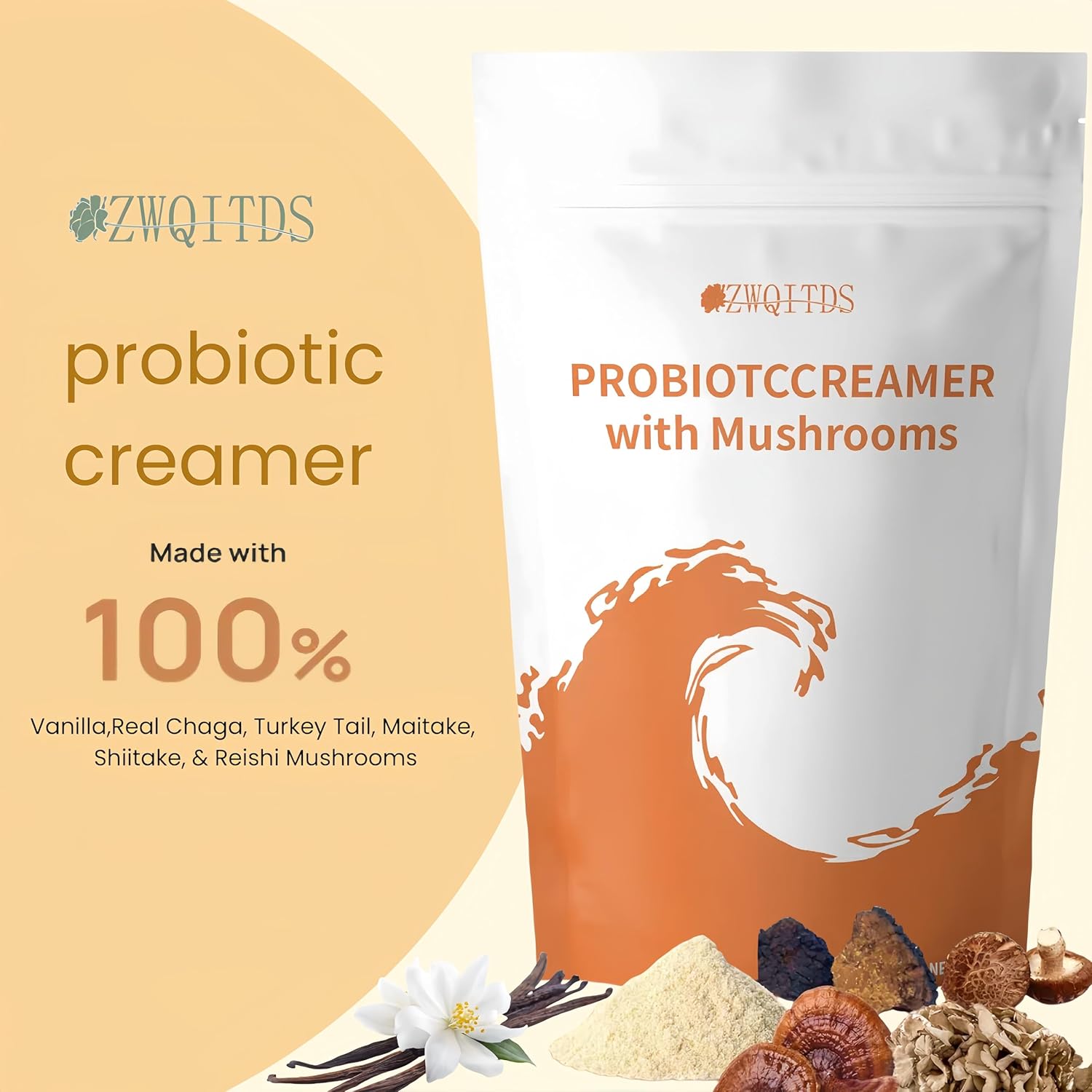ZWQITDS Probiotic Creamer with Mushrooms & Probiotics - 6-Mushroom Blend & 1 Billion CFU - Supports Gut Health - Single Dosage: 1 tbsp (7 g) - 30 Servings