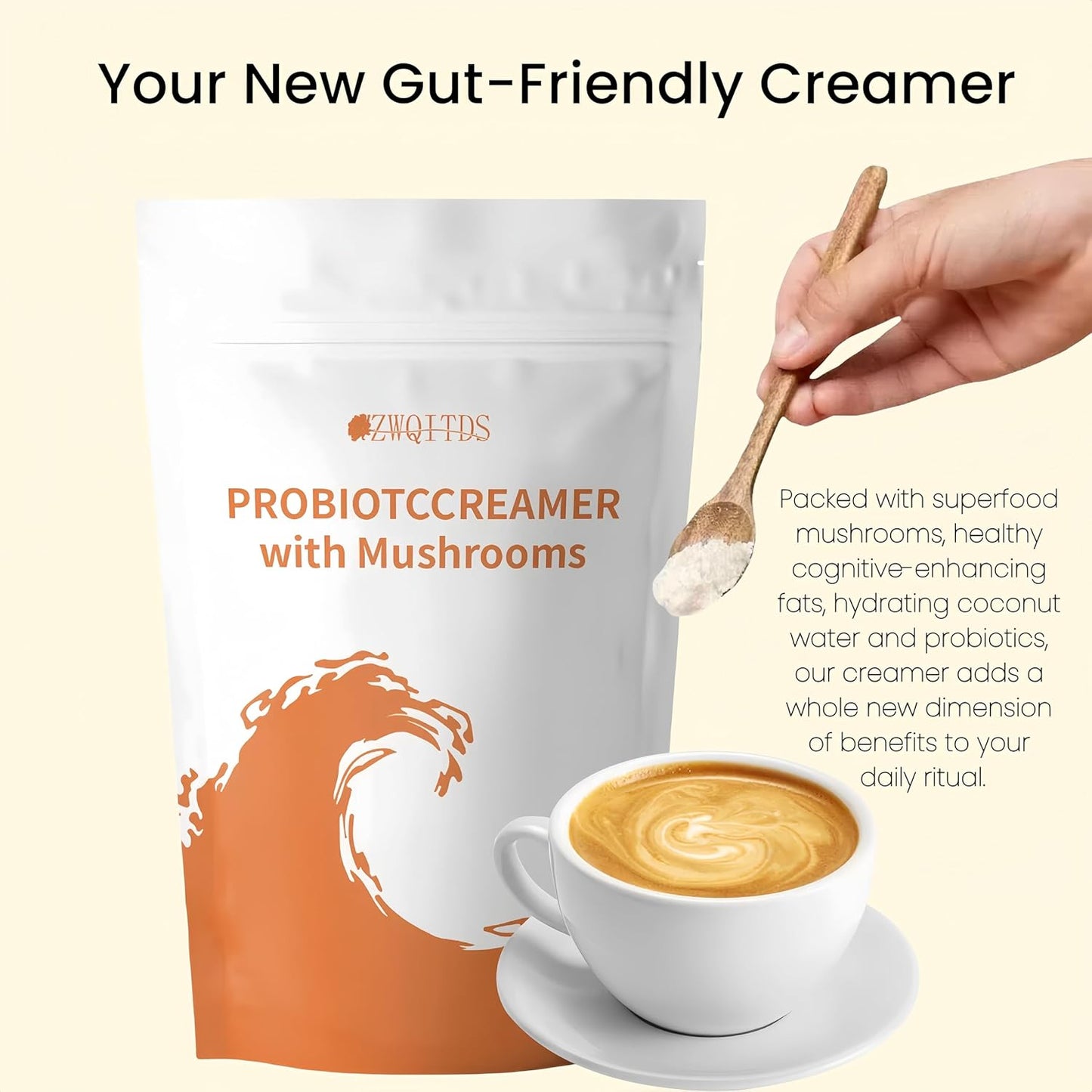 ZWQITDS Probiotic Creamer with Mushrooms & Probiotics - 6-Mushroom Blend & 1 Billion CFU - Supports Gut Health - Single Dosage: 1 tbsp (7 g) - 30 Servings