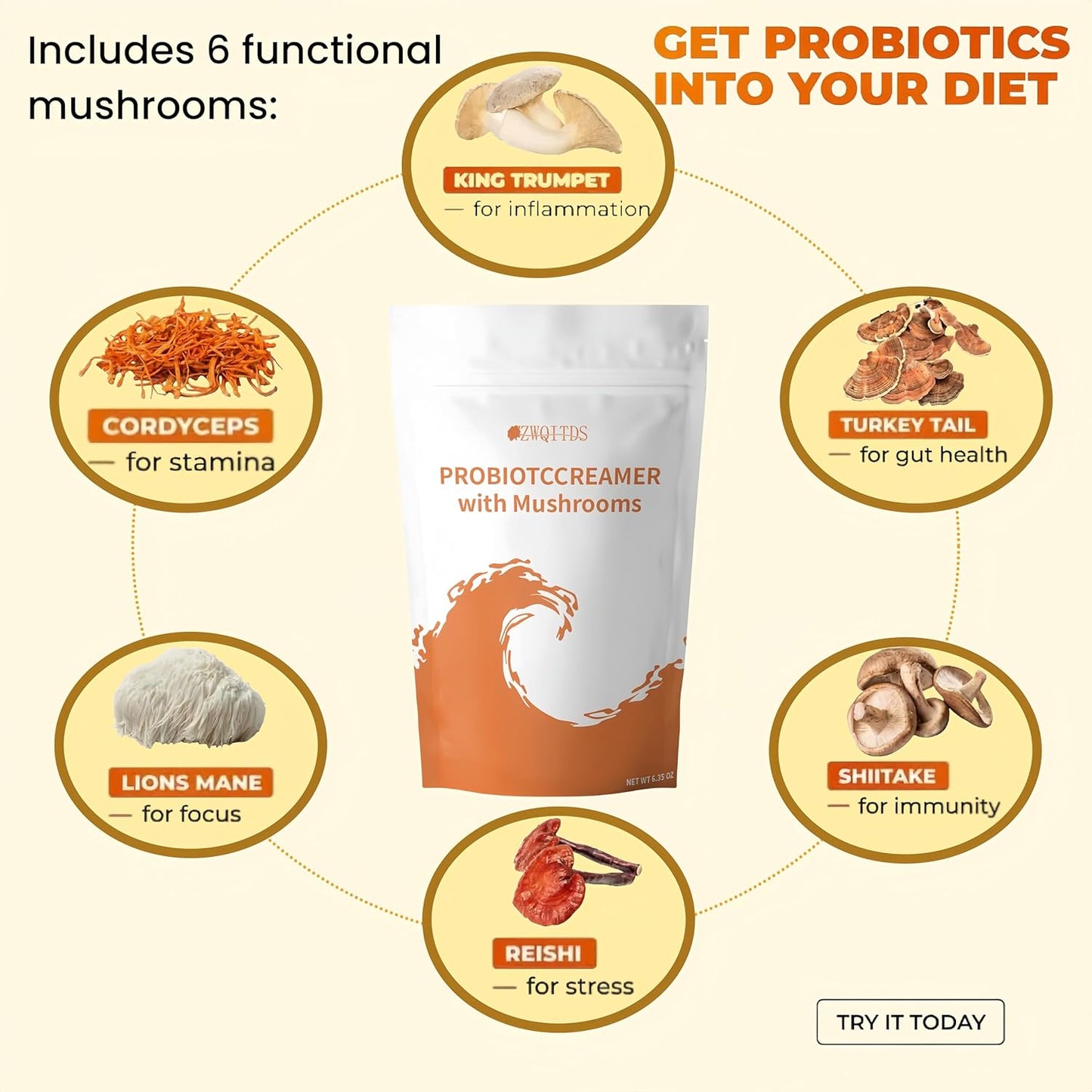 ZWQITDS Probiotic Creamer with Mushrooms & Probiotics - 6-Mushroom Blend & 1 Billion CFU - Supports Gut Health - Single Dosage: 1 tbsp (7 g) - 30 Servings