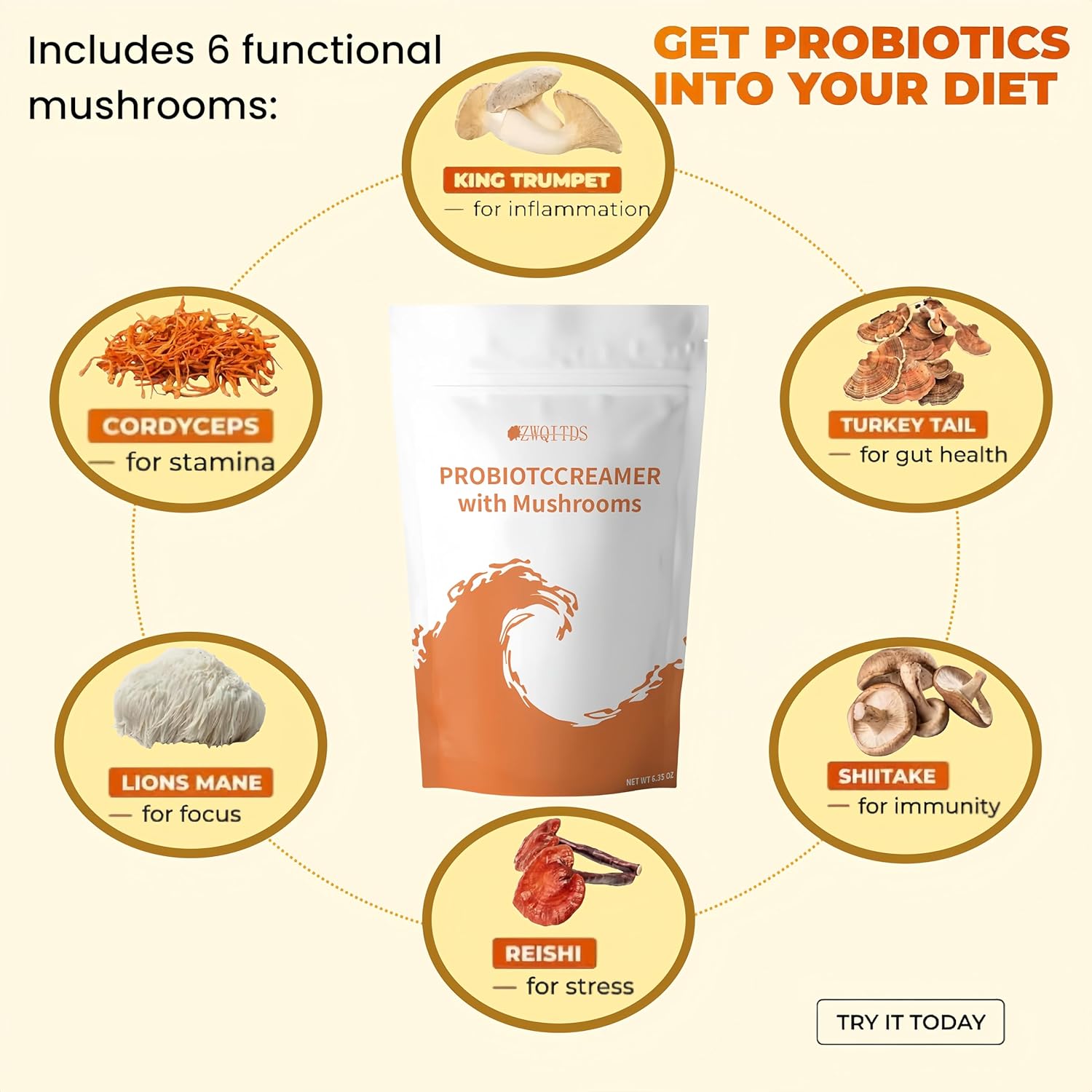 ZWQITDS Probiotic Creamer with Mushrooms & Probiotics - 6-Mushroom Blend & 1 Billion CFU - Supports Gut Health - Single Dosage: 1 tbsp (7 g) - 30 Servings