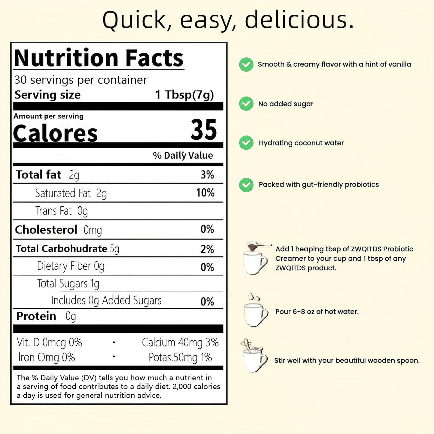 ZWQITDS Probiotic Creamer with Mushrooms & Probiotics - 6-Mushroom Blend & 1 Billion CFU - Supports Gut Health - Single Dosage: 1 tbsp (7 g) - 30 Servings