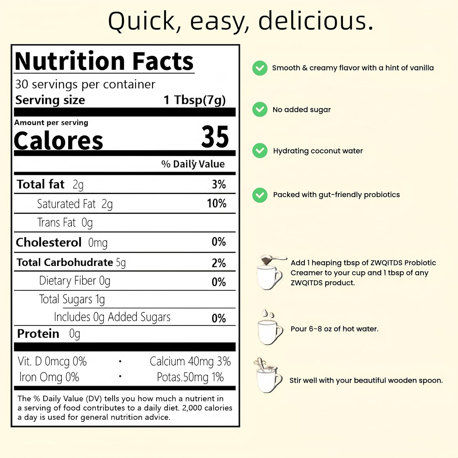 ZWQITDS Probiotic Creamer with Mushrooms & Probiotics - 6-Mushroom Blend & 1 Billion CFU - Supports Gut Health - Single Dosage: 1 tbsp (7 g) - 30 Servings