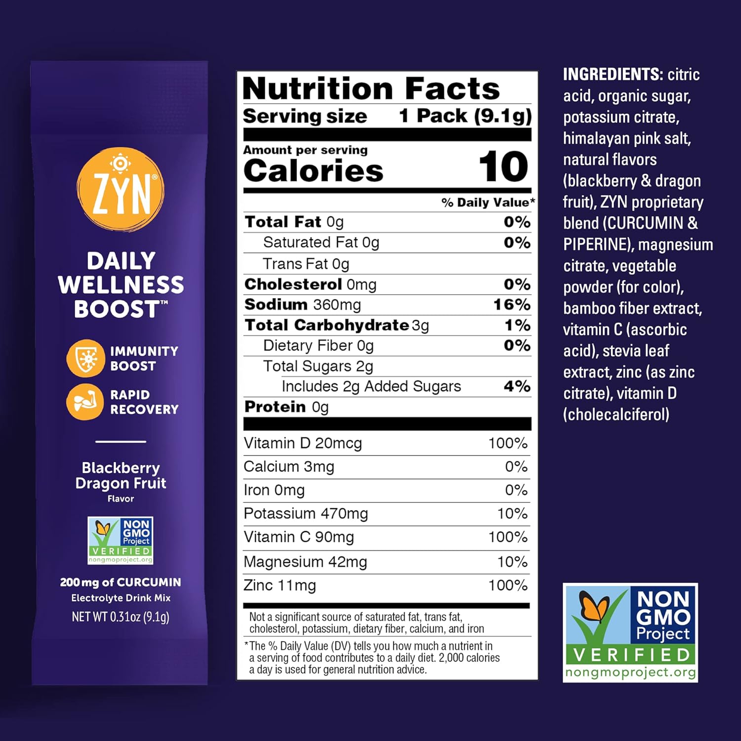 ZYN Electrolyte Drink Mix Variety Pack with Turmeric, Vitamin C, D, and Zinc - 16 Hydration Packets for Wellness